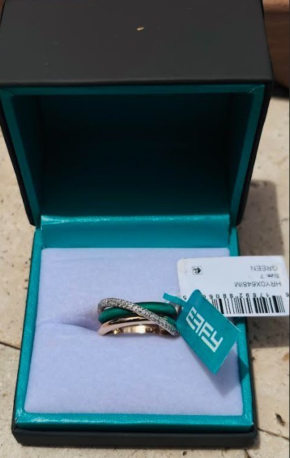 Effy 14K yellow gold diamond & green Malachite crossover ring size 7 NEW