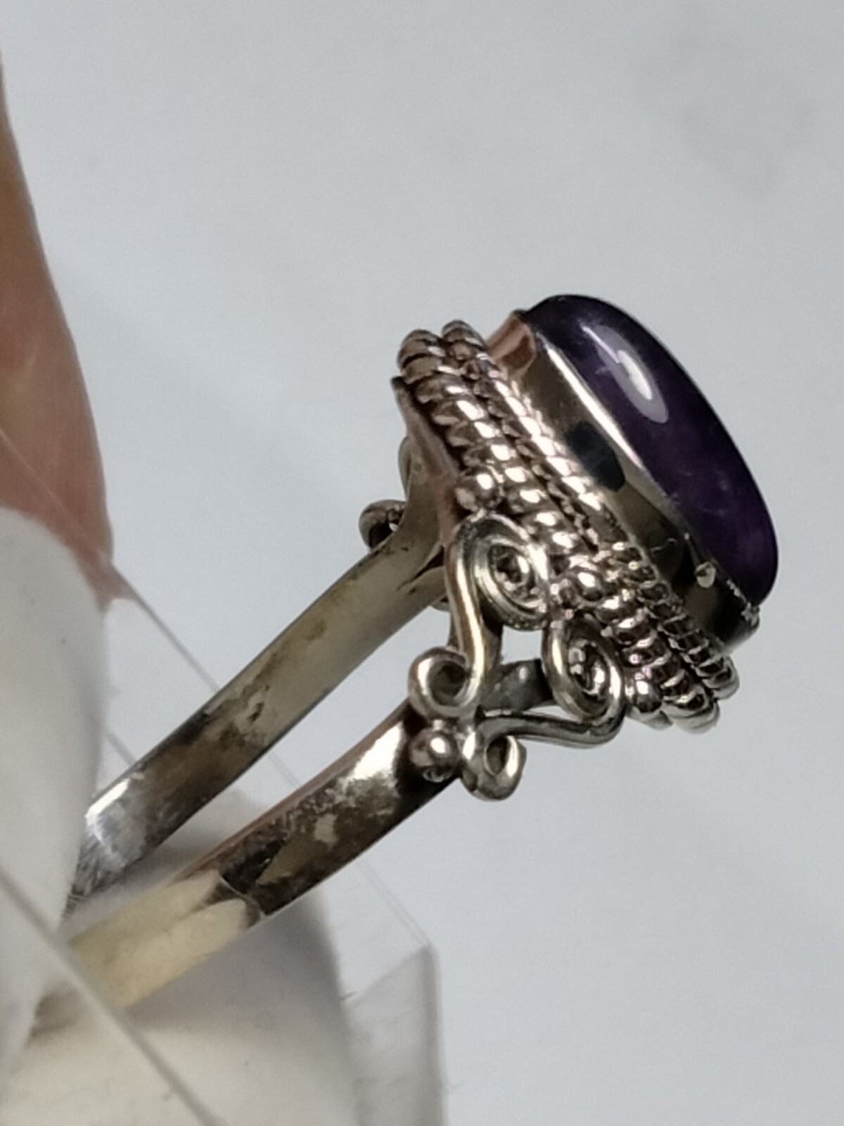 NATURAL AMETHYST IN TRENDY FILIGREE&HALO SET STL. SILVER.925 RING SIZE 9.0-9.25!