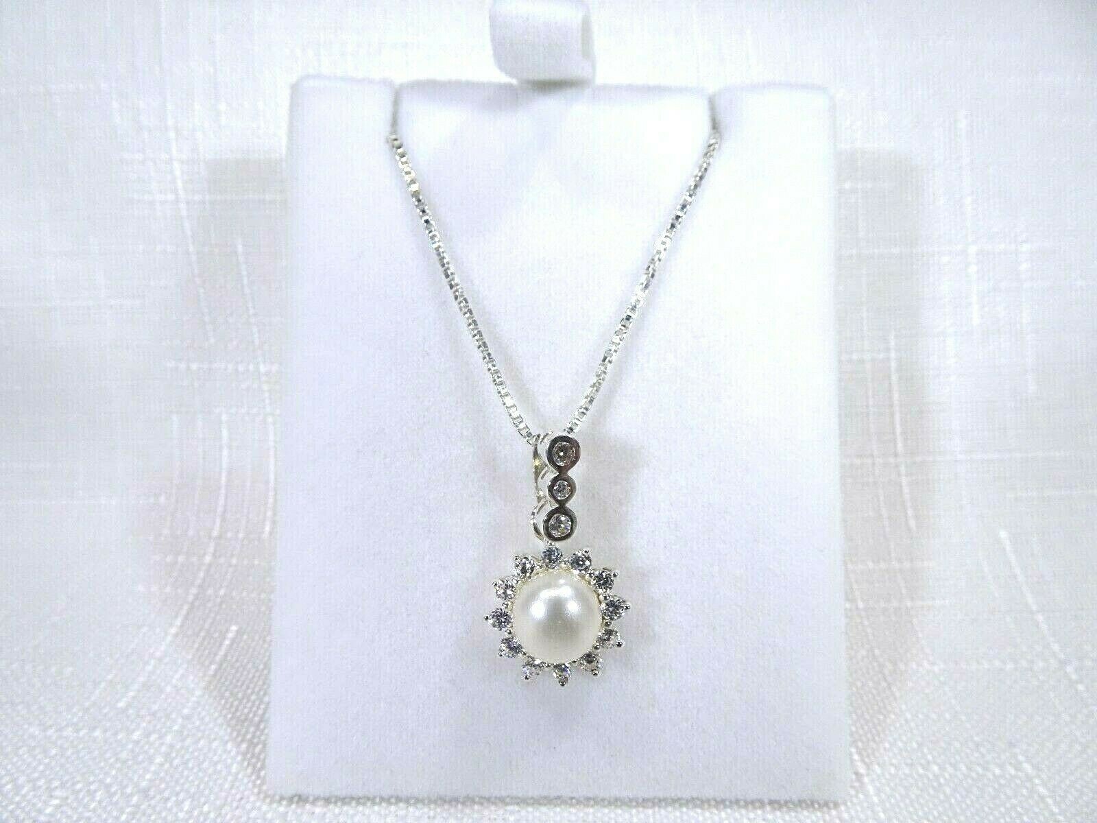 Cultured Freshwater White Pearl & White CZ Sterling Silver Italian Necklace