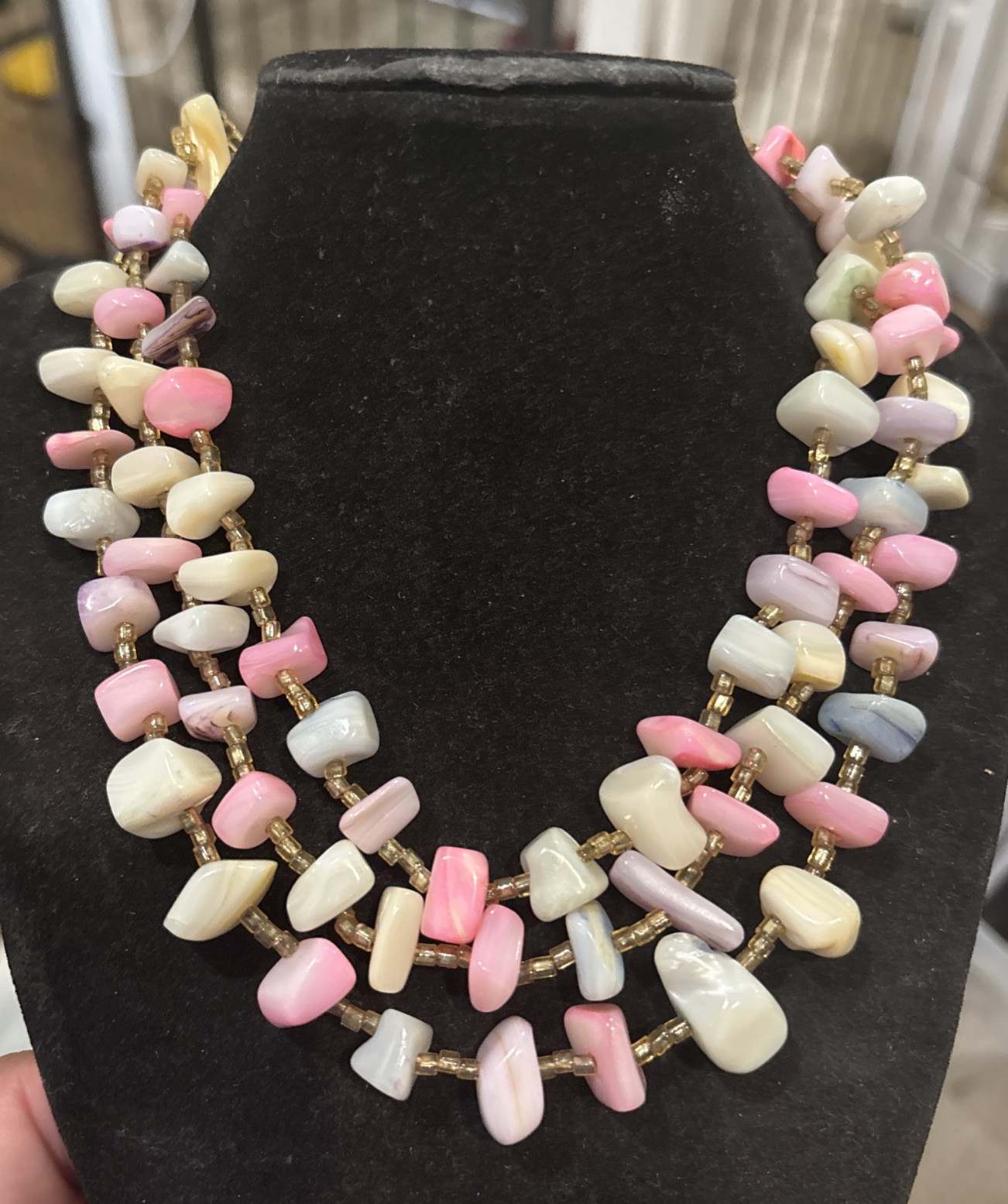 Vintage Pink Triple Stranded Mother O Pearl Shell Choker Necklace Japan