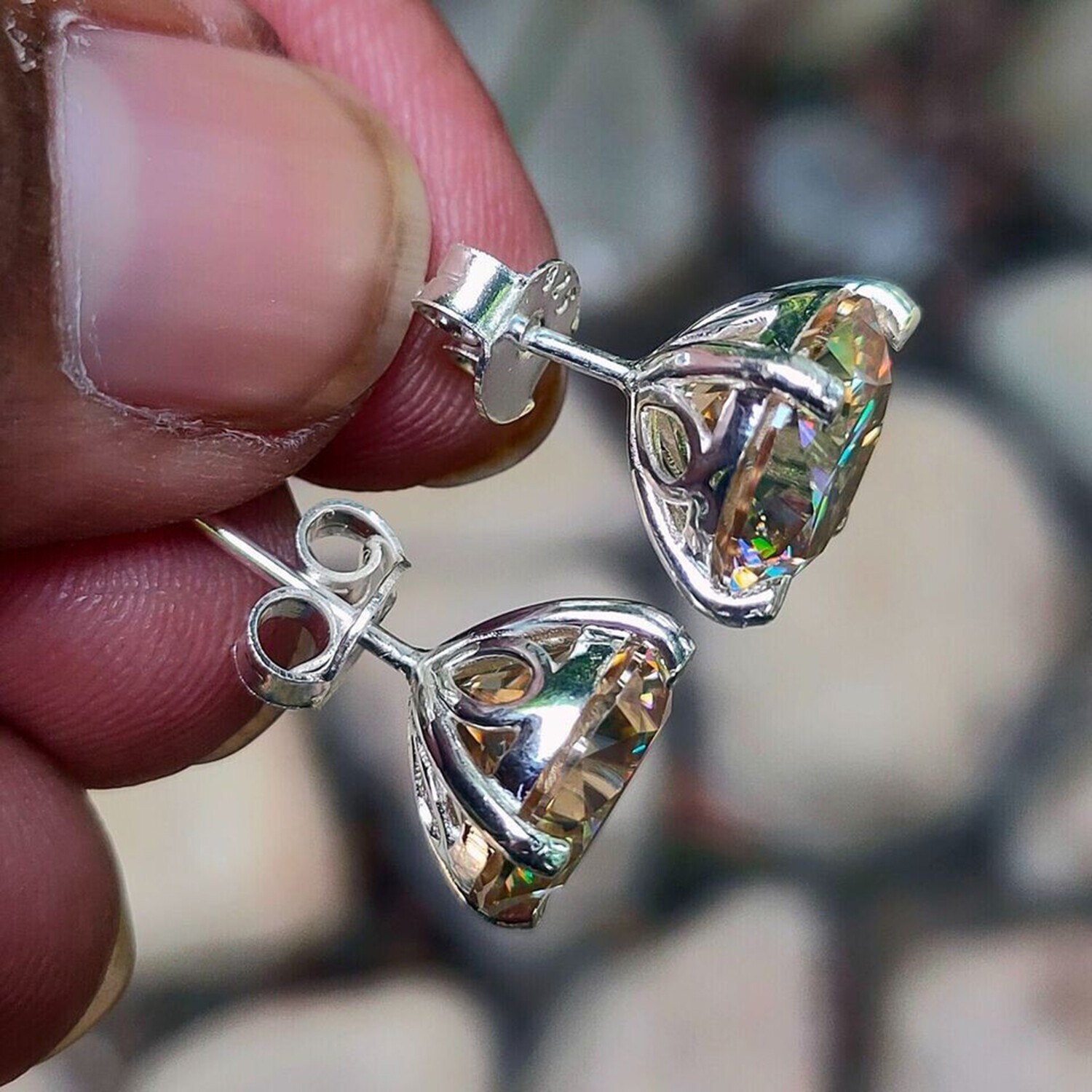 9Ct Champagne Round Moissanite Stud Earrings 14K Gold Vermeil Gift for Her