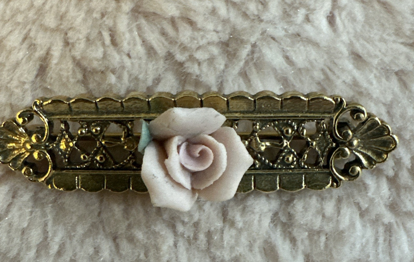 Vintage Gold Metal Pin Brooch Pink Porcelain Rose Paris Flea Market