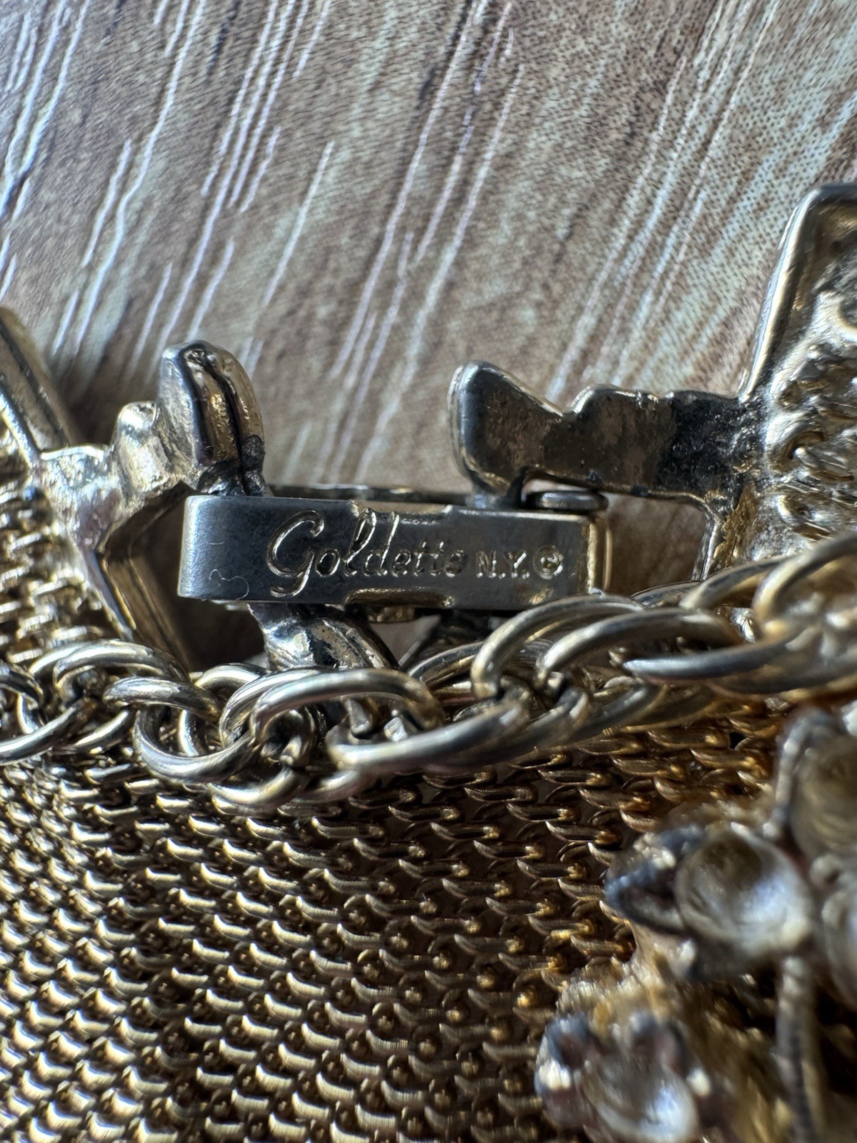 Goldette N.Y.C. Gold Tone Mesh Chain Bracelet Pearl Charms Signed Box 7 in