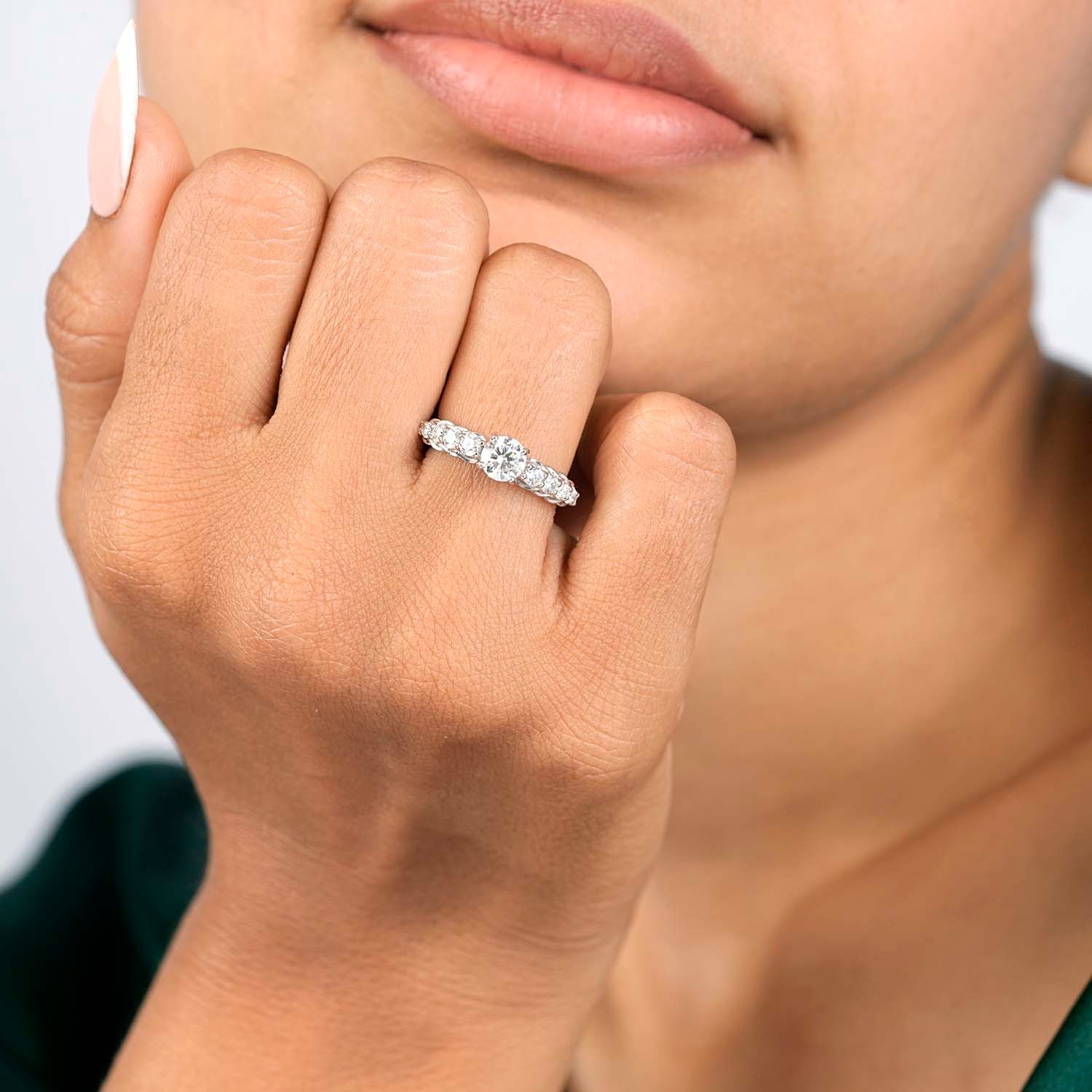 0.94 Ct Round Solitaire Lab Grown Diamond Side Stone Ring 18K Yellow Gold