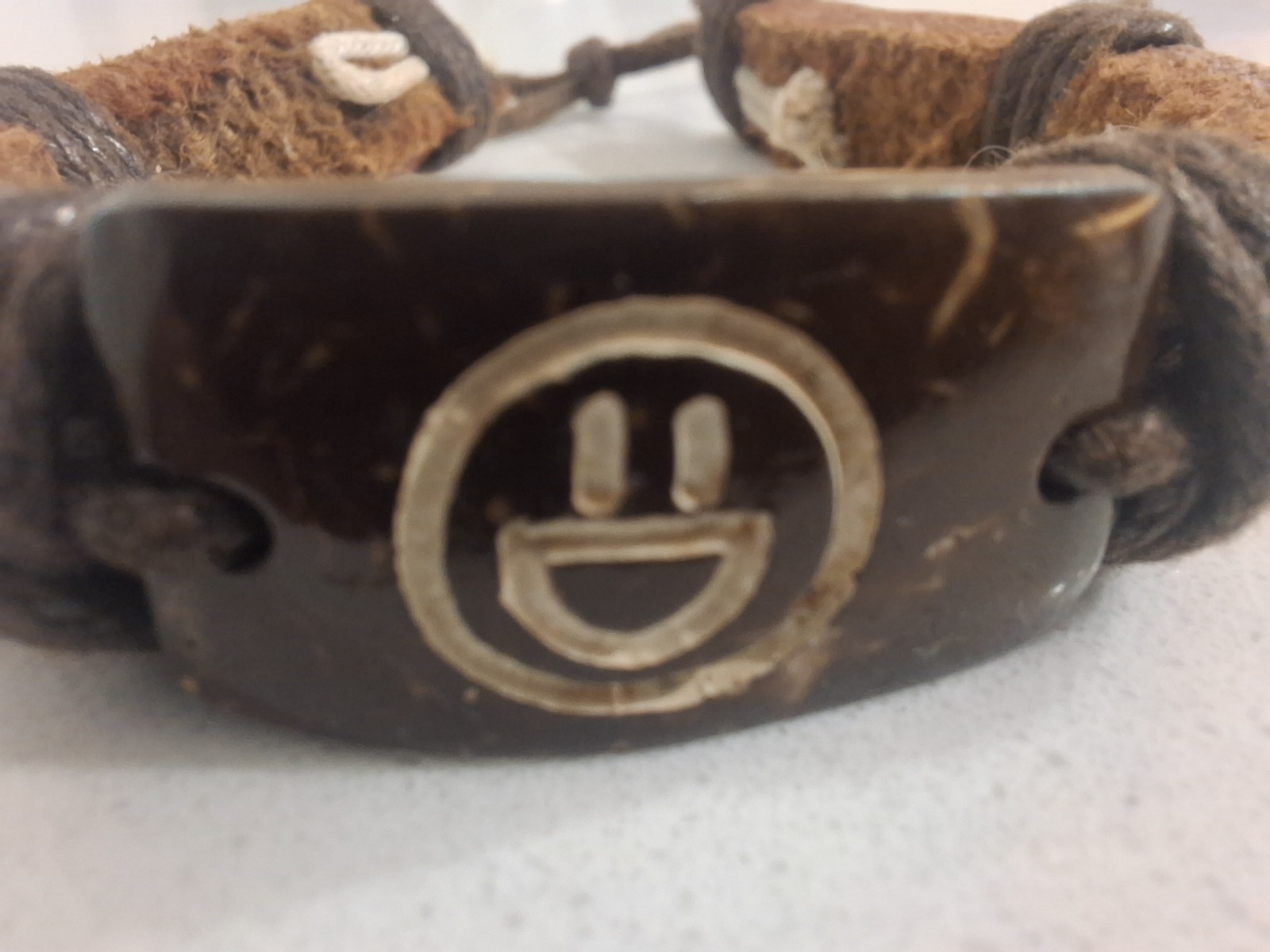 Leather Smiley Face Bracelet Adjustable Drawstring Closure Brown Black White