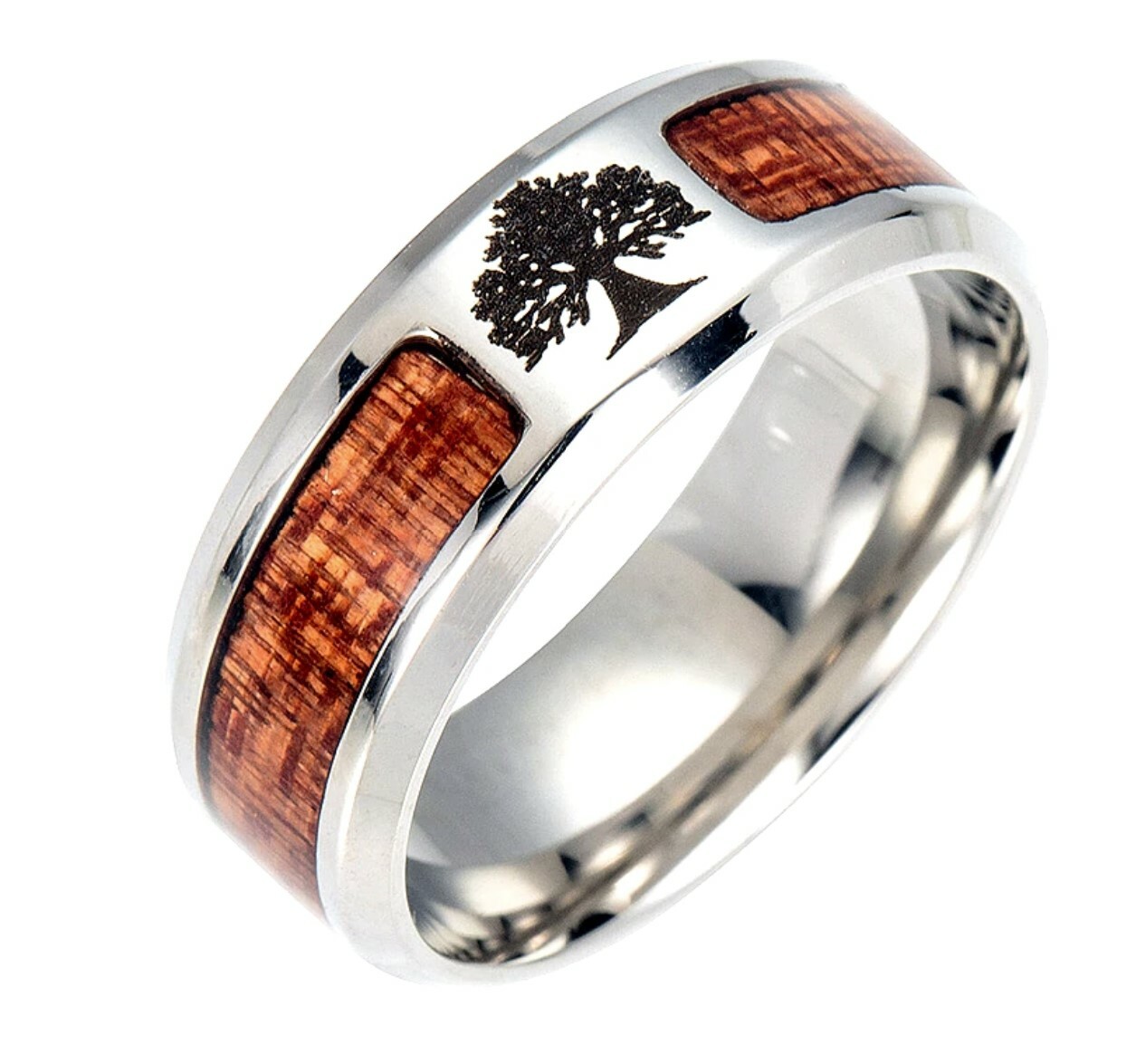 Stainless Steel and Wooden Tree of Life Ring 8mm band width