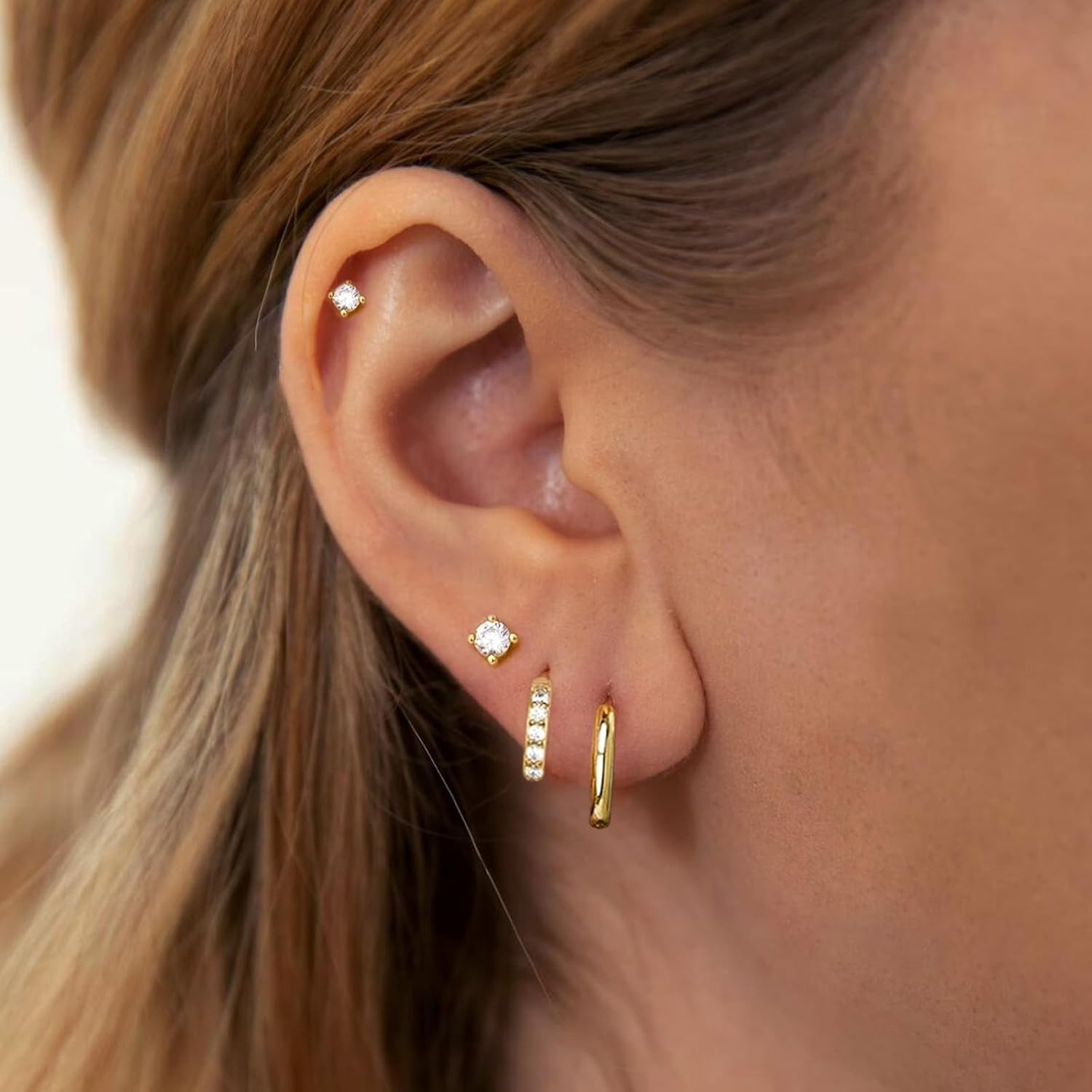 4 Pairs Gold Studs Earrings for Women, 14K Gold Plated Huggie Hoop Stack Earring