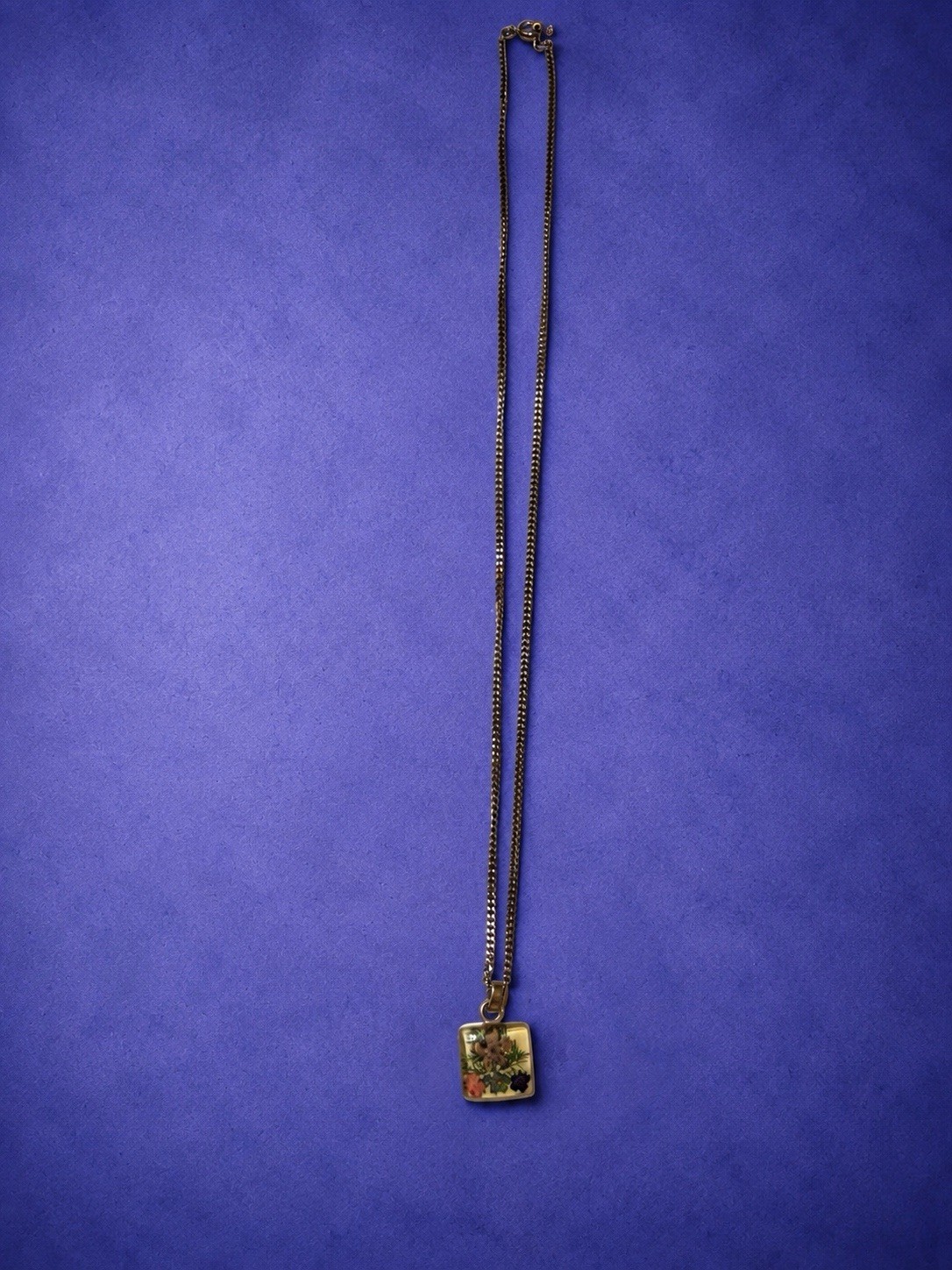 Square Floral Charm Pendant Necklace Silver-Tone Metal Box Chain
