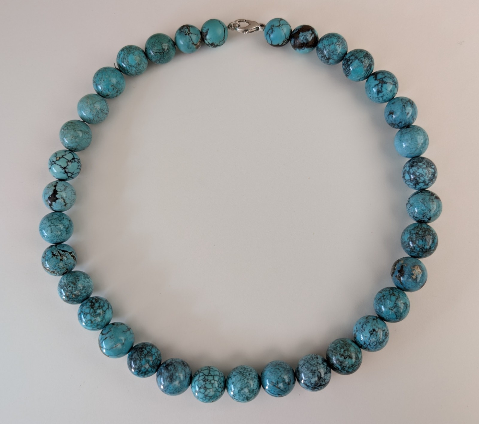 18″ Sterling Silver 13.5mm Natural Hubei Chinese Turquoise Bead Necklace 114g