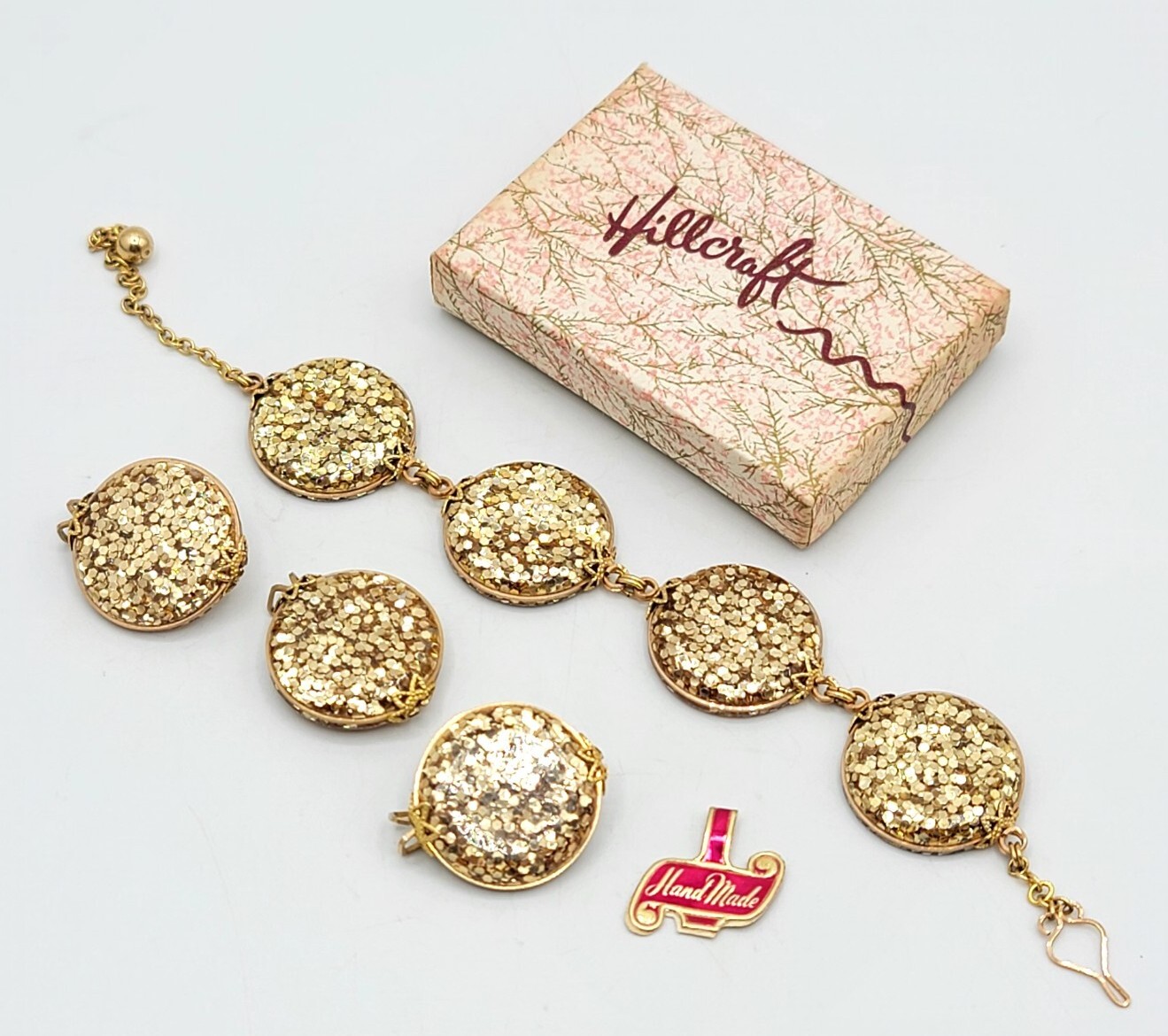 Vtg Rare Set HILLCRAFT Bracelet & Earrings Glitter Lucite Gold Filled Jewelry