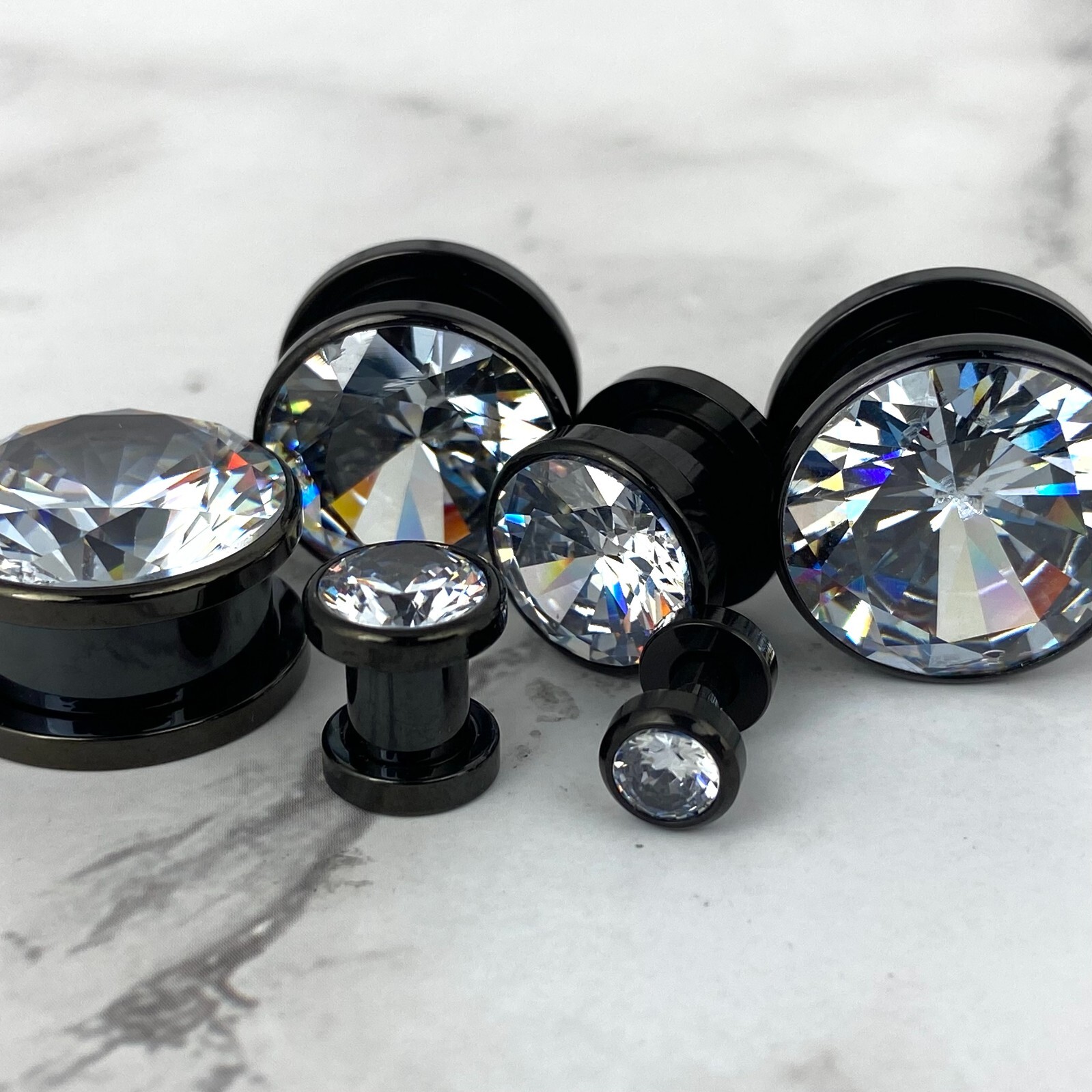 Pair 316L Black Steel Screw on Plugs with Clear Press Fit CZ Gem (PS-125) gauges