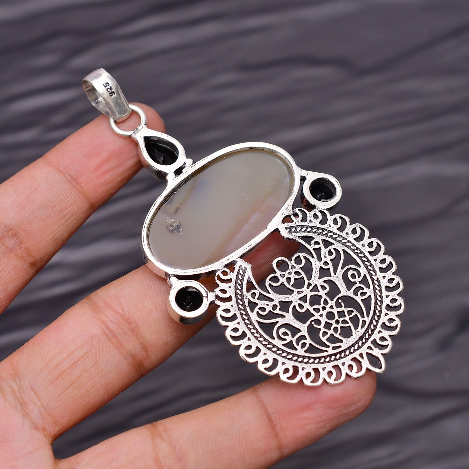 Montana Agate Gemstone 925 Sterling Silver Jewelry Pendant 3.26″