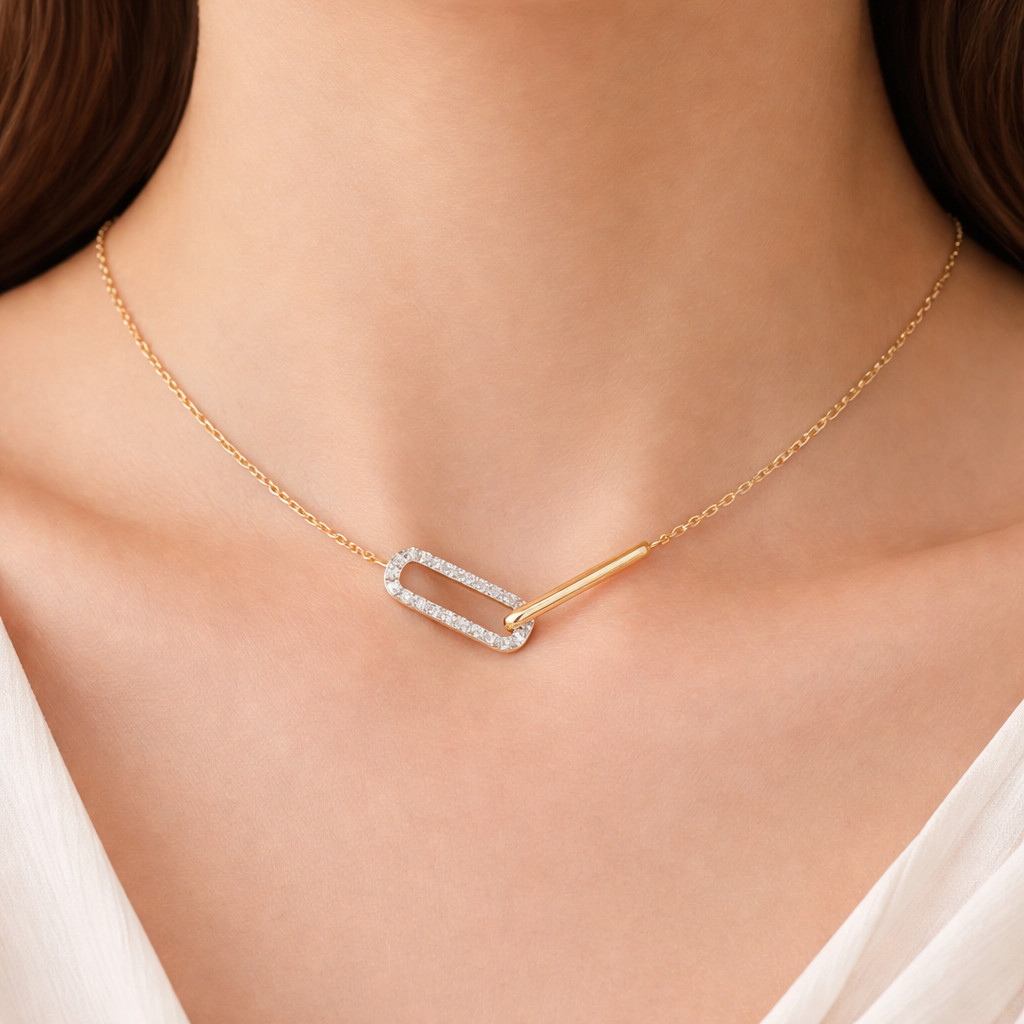 0.10Ct Lab Grown Round Diamond Paperclip Necklace 10K Solid Gold for Women