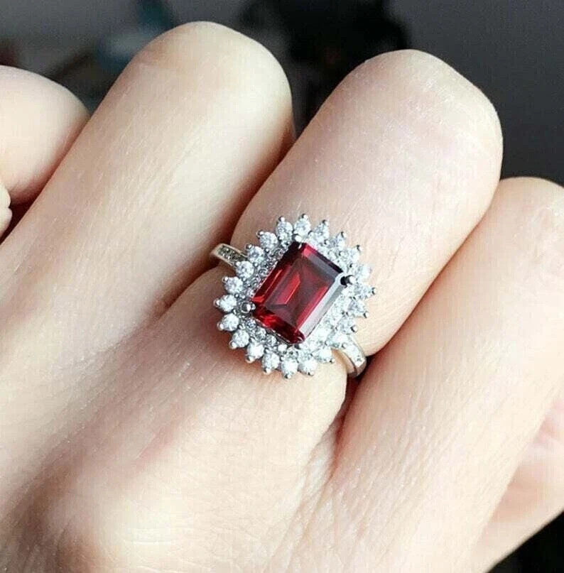 4.20Ct Emerald Cut Cut Natural Red Ruby & Diamond 14K White Gold Wedding Ring