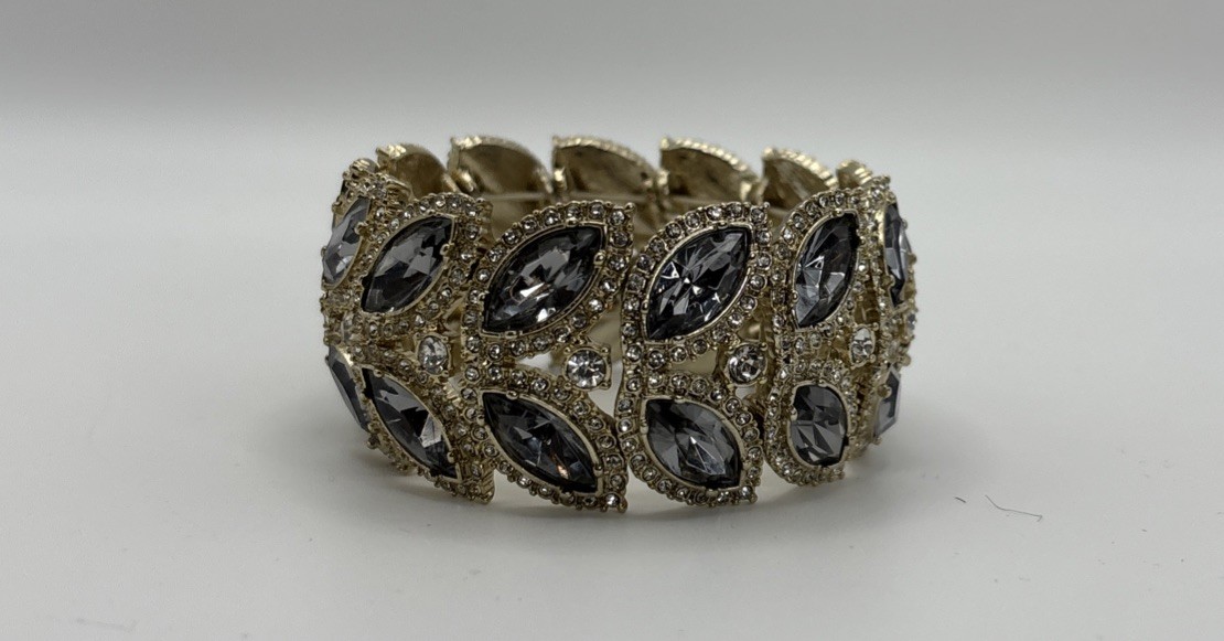 Vintage Crystal Wide Bracelet Angular Design Special Occasion Smokey-Gray 7in