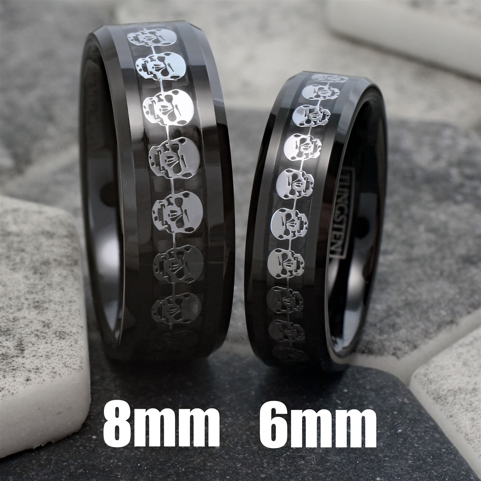 Black Tungsten Carbide Men’s Silver Skull over Carbon Fiber Wedding Band Ring