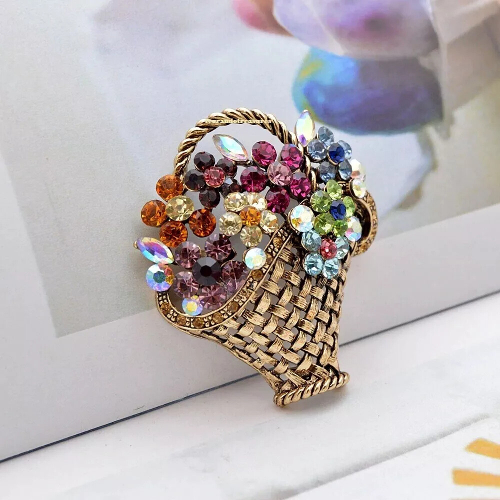 Cute Flower Basket Crystal Rhinestone Vintage Style Brooch Pin and Gold Bag