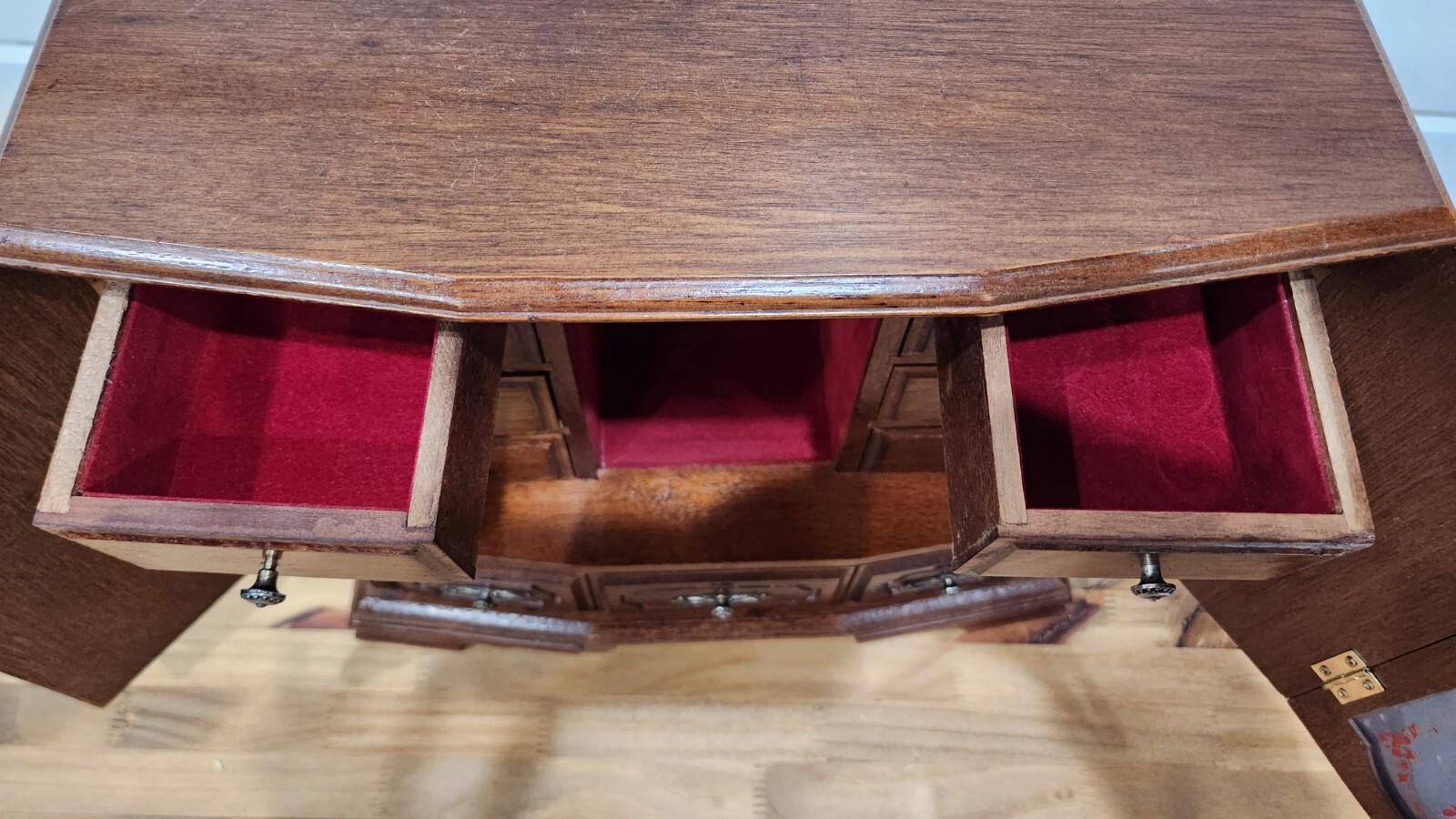 Wood Jewelry Box Table Top Velvet Lined Drawers 13″ X 14″ Vintage Taiwan