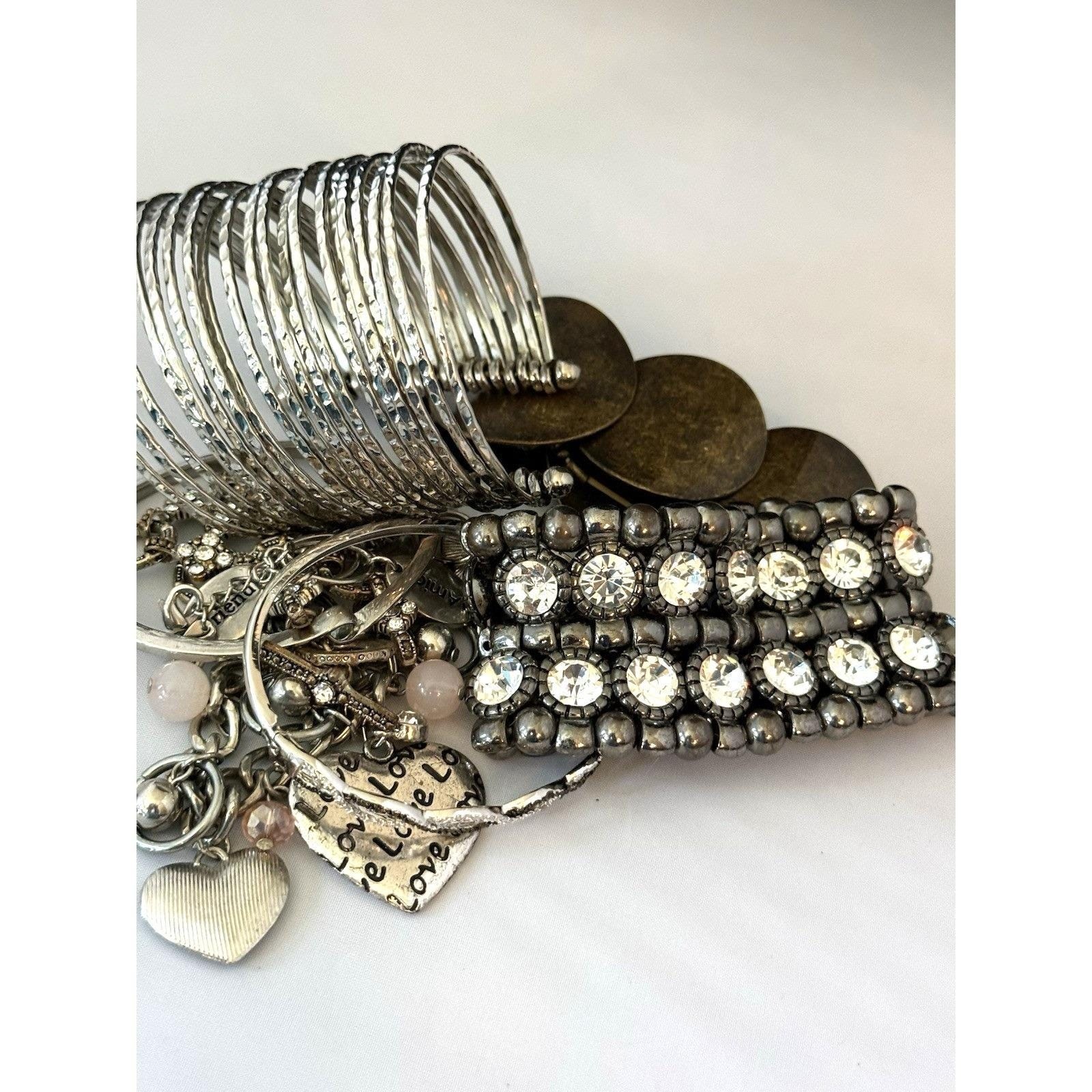 Vintage Bracelets Lot Rhinestones Charm Heart Cuff Brass Expansion