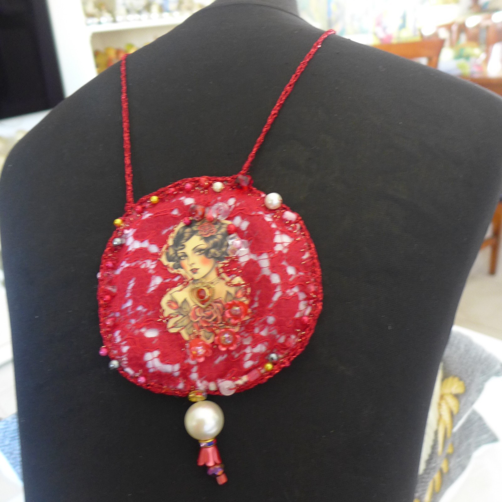 Handmade Crocheted art Necklace Cotton Fabrics embroidered crocheted+ Beads