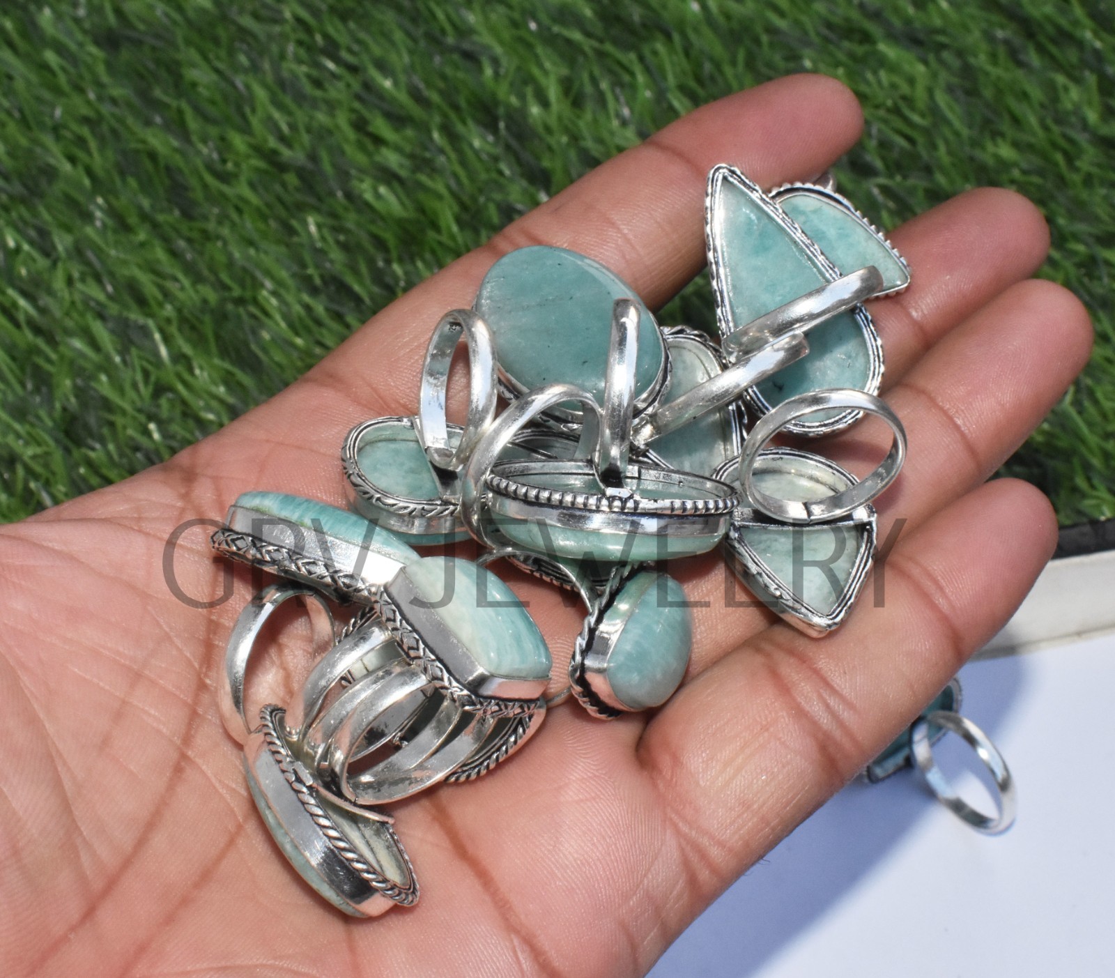 1-500 Pcs Natural Amazonite In Wholesale Gemstone Rings Lot: Silver Plated Whr-9