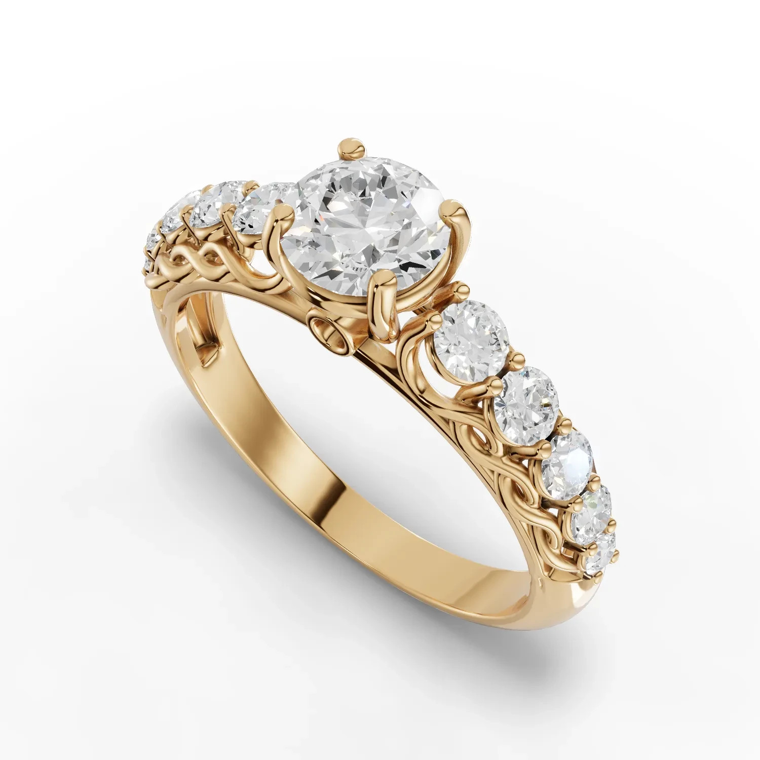 0.94 Ct Round Solitaire Lab Grown Diamond Side Stone Ring 18K Yellow Gold