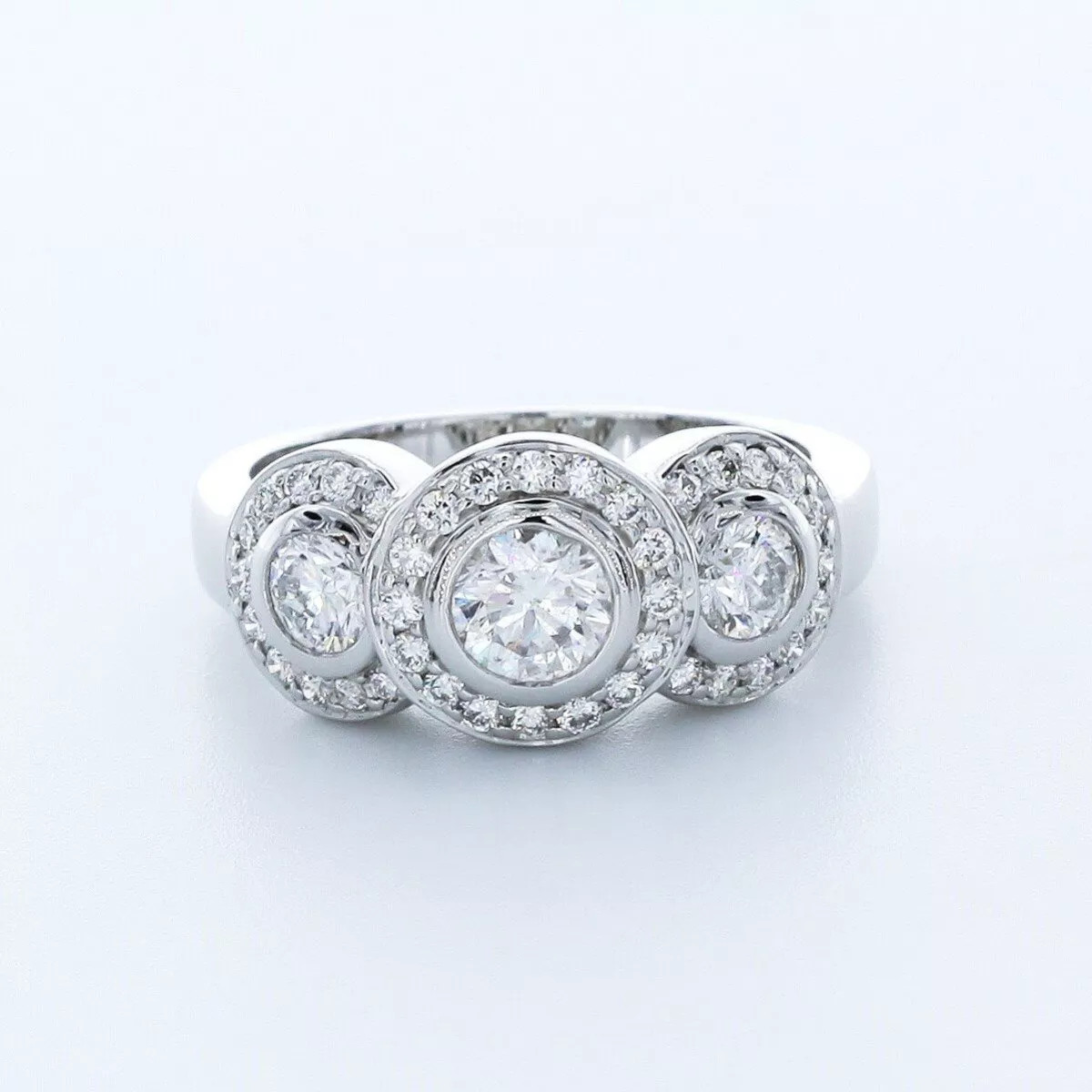 14K Gold 3-Stone Engagement Ring Halo 1.81 Carat Round Lab-Grown Diamond E VS1