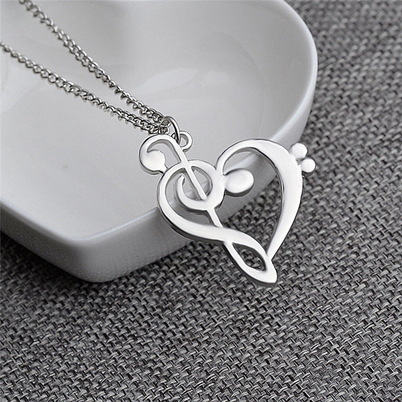 Love Heart Treble Clef Music Note pendant SILVER 20″ necklace female GIFT box