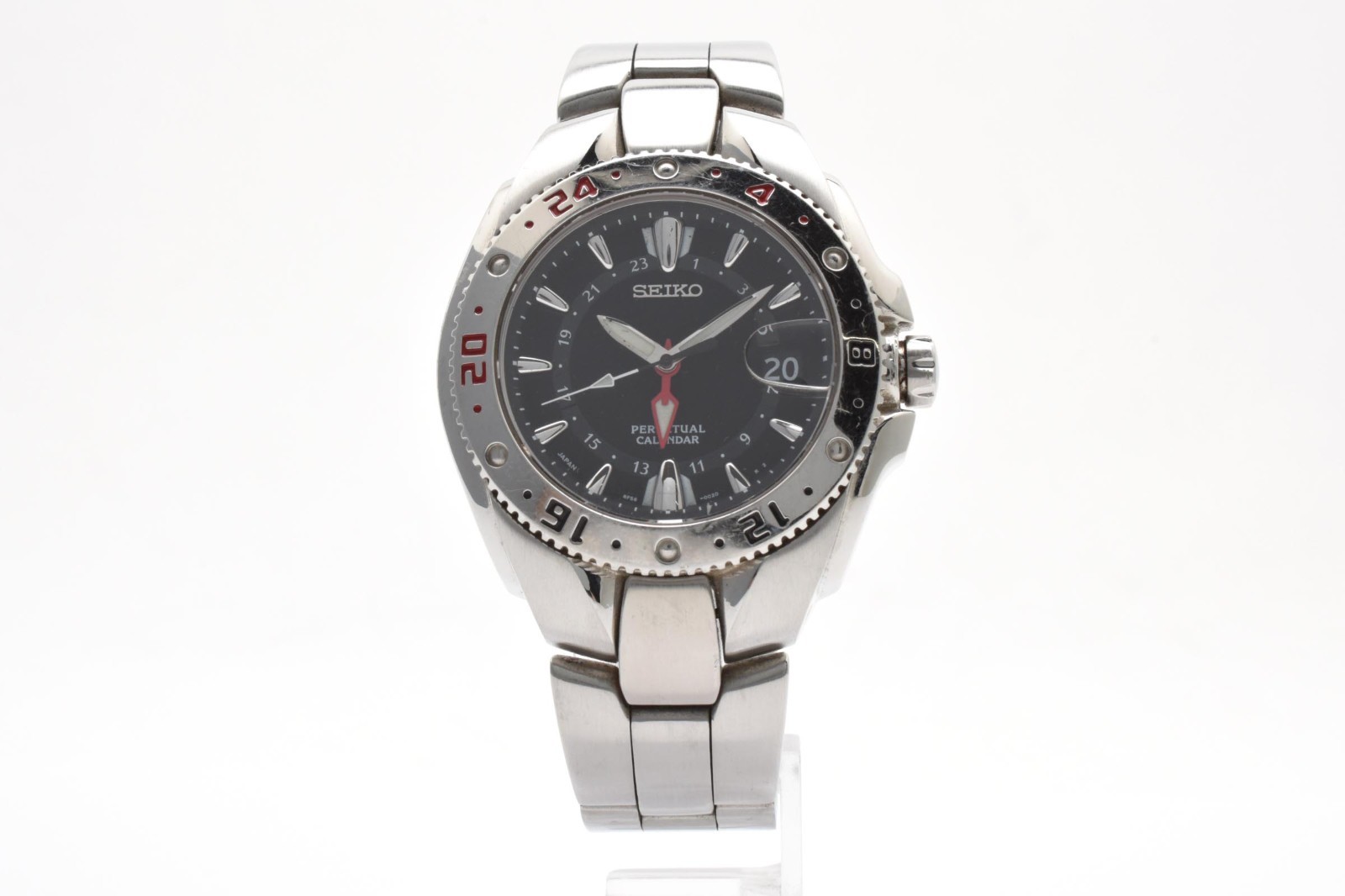 [Exc+5]SEIKO Perpetual Calendar GMT 8F56-002A Quartz Black Dial Mens Watch JAPAN