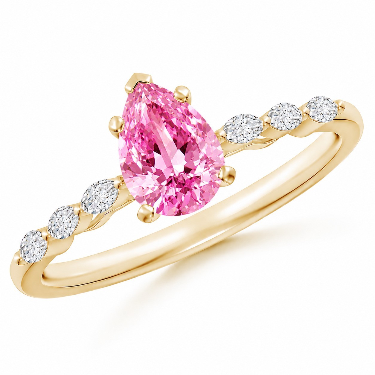 Lab Created Pear Cut Pink Sapphire & White Gemstone Yellow Gold Ring for Women