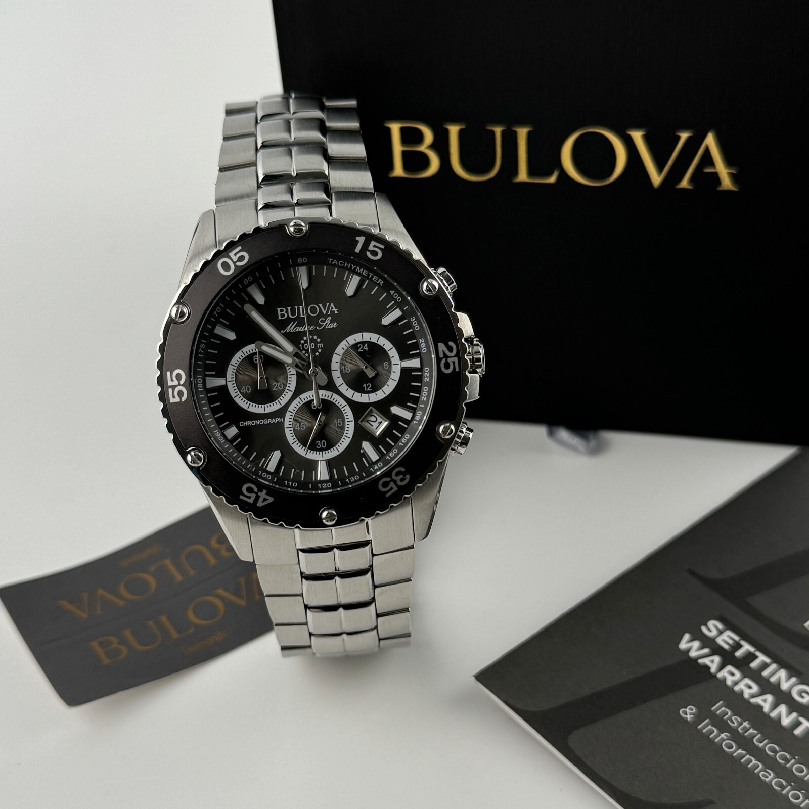 Bulova Marine Star 98B401Chronograph Black Dial Stainless Steel Men’s Watch 41.5