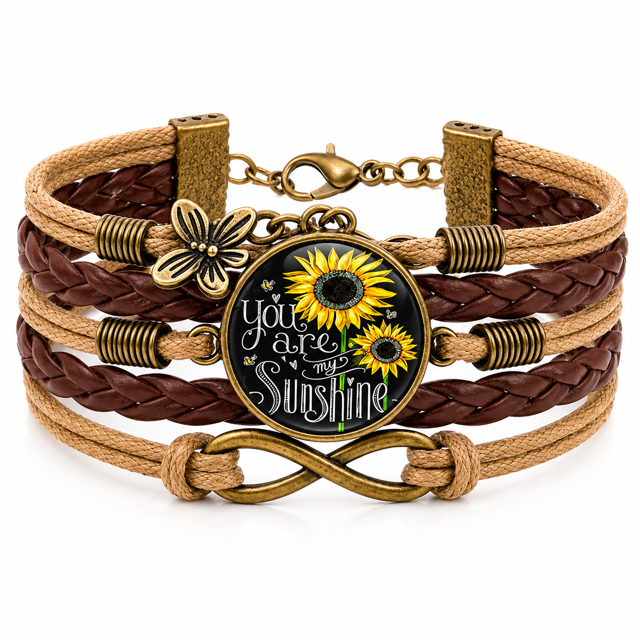 You Are My Sunshine Sunflower Leather Bracelet Butterfly Charm Gift for Her