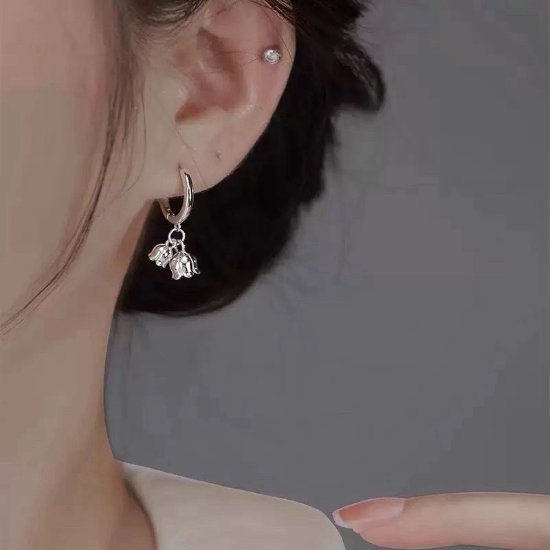 925 Silver Tulip Flower Dangle Huggie Hoop Earrings Floral Drop Earrings 173