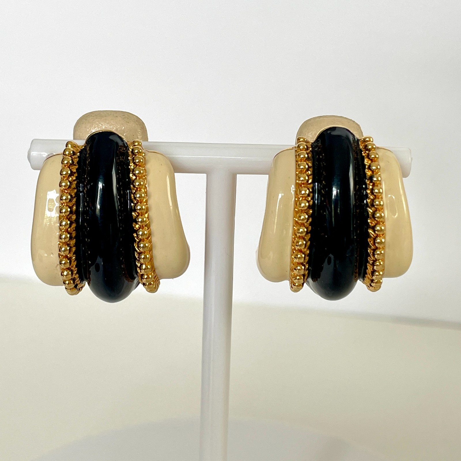 Vintage St. John Clip On Earrings – Black Ivory Enamel Gold Plated Designer