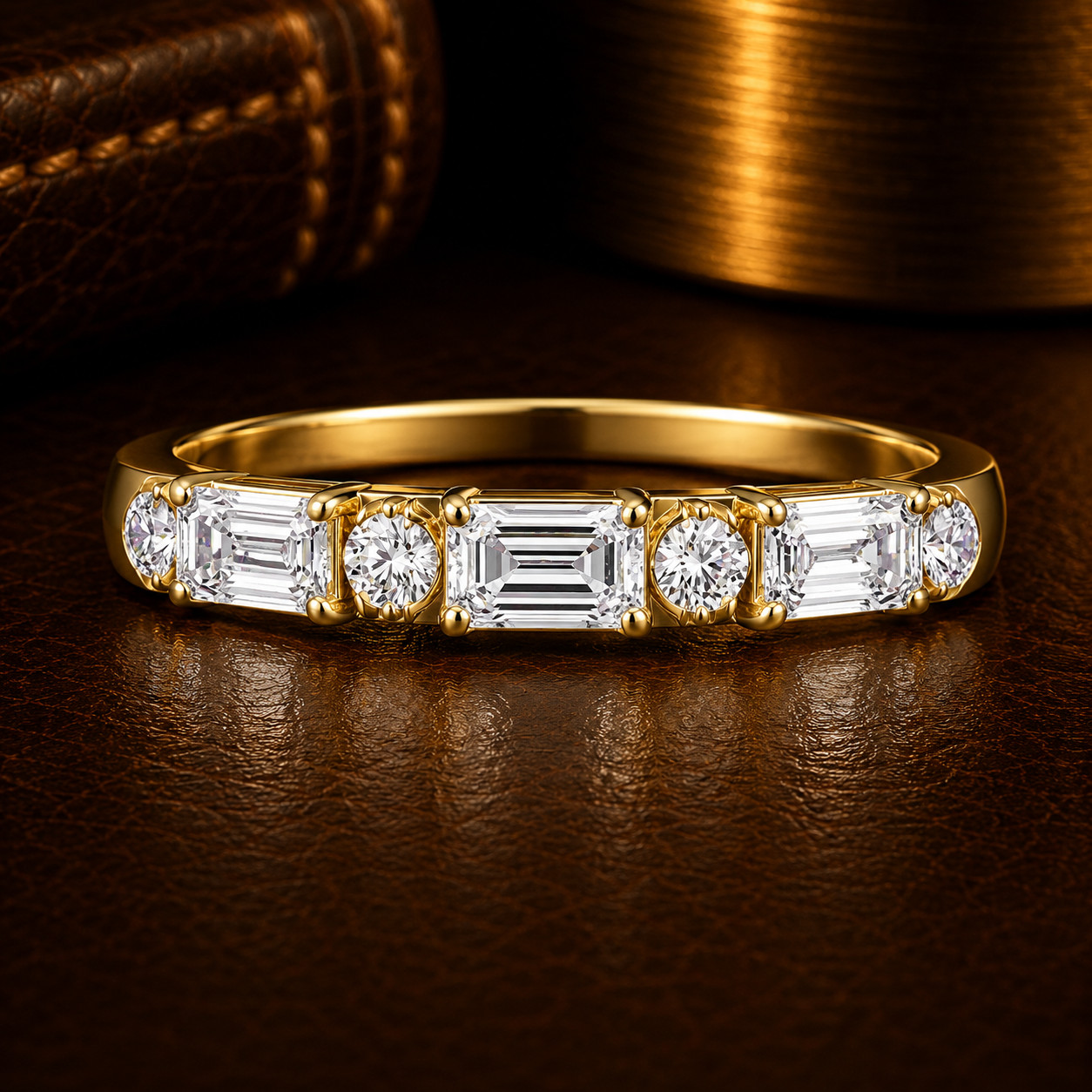 0.55 CTW Emerald & Round Lab Grown Diamond Wedding Band Ring 925 Silver DEF VVS