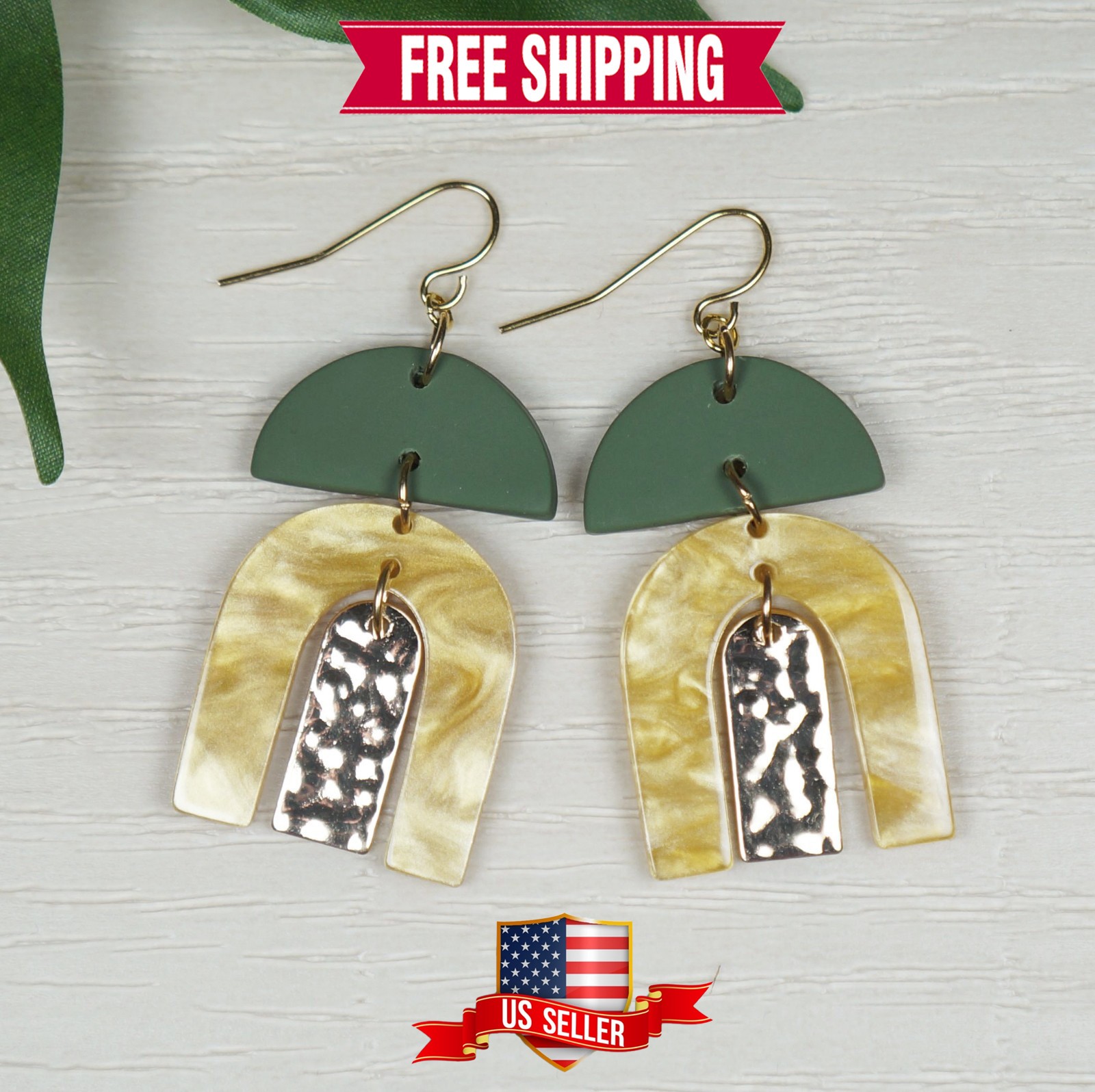 Trendy Gold and Green Acrylic Boho Statement Earrings, 18K Gold Ear Wires