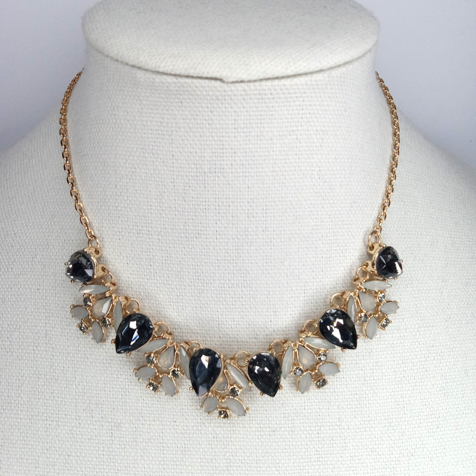 Statement Necklace Gold Tone Smoky Black& Clear Rhinetones Vintage-Inspired Glam