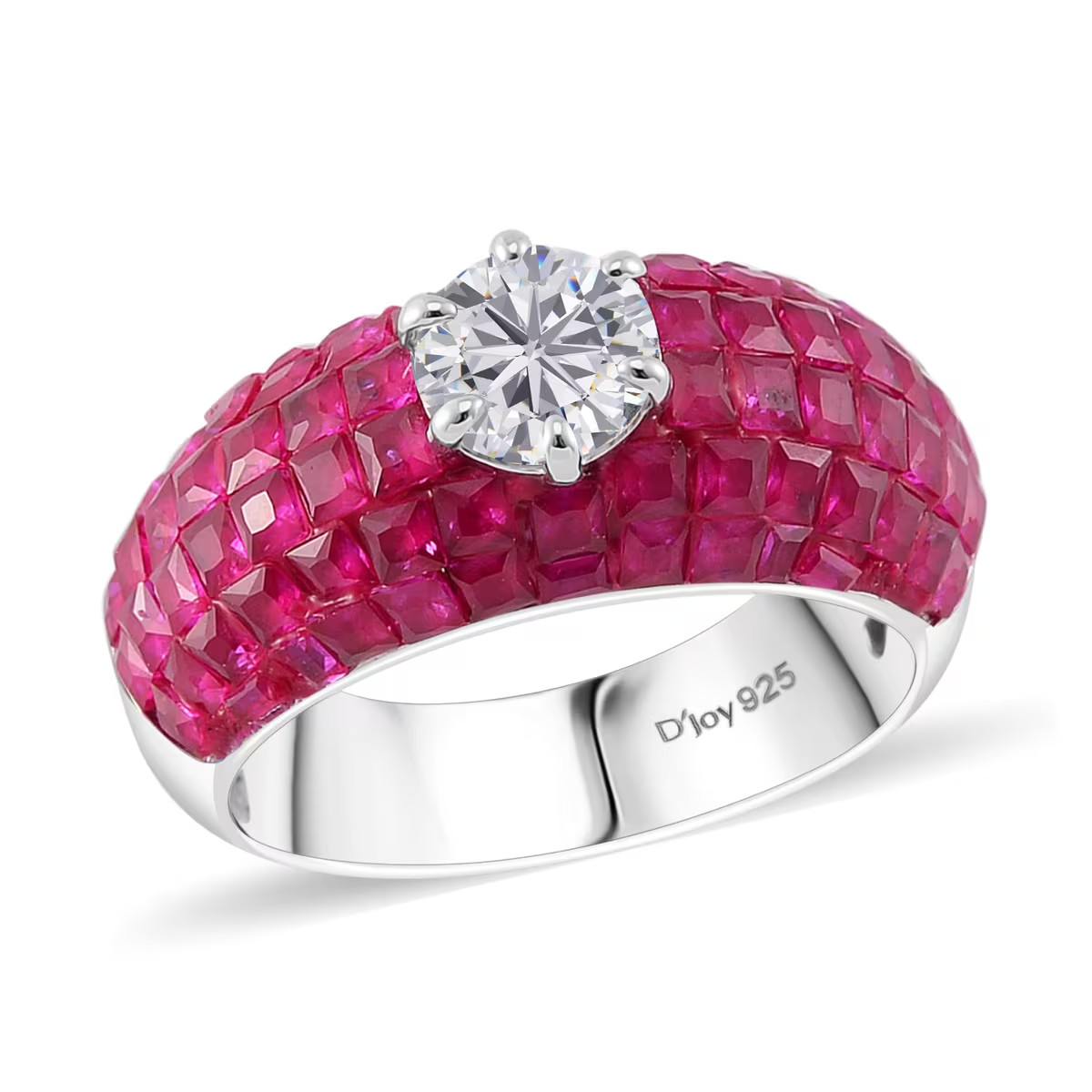 Simulated White and Ruby Color Diamond Dome Ring in Rhodium Over Sterling Sz 8