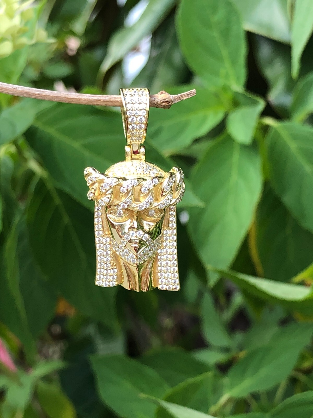 925 Sterling Silver Gold Jesus Head Face CZ Pendant Men 25mm(0.98″)/37mm(1.46″)