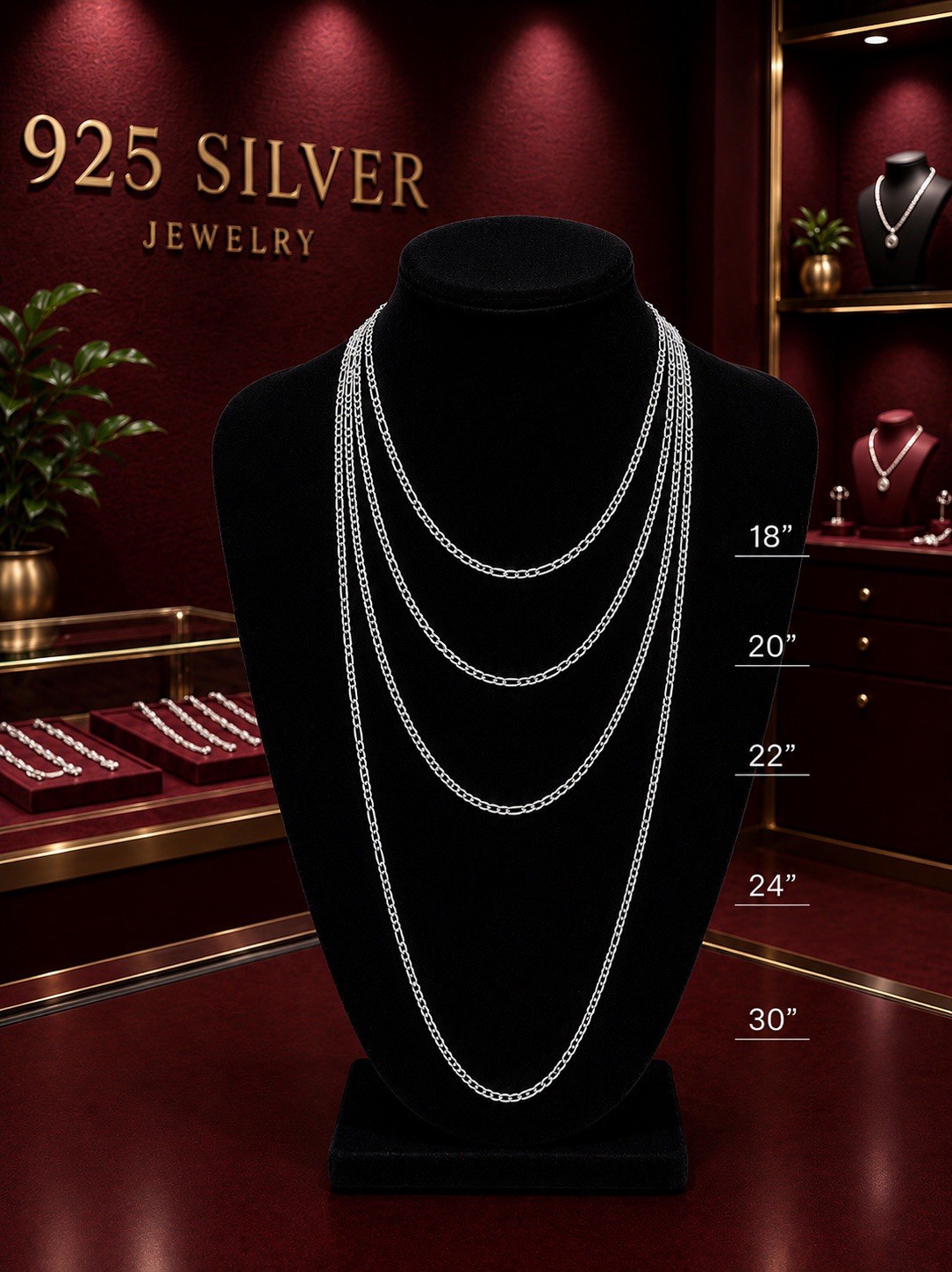 Real 925 italy Sterling Silver Figaro Solid Chain Necklace 18,22,24,30