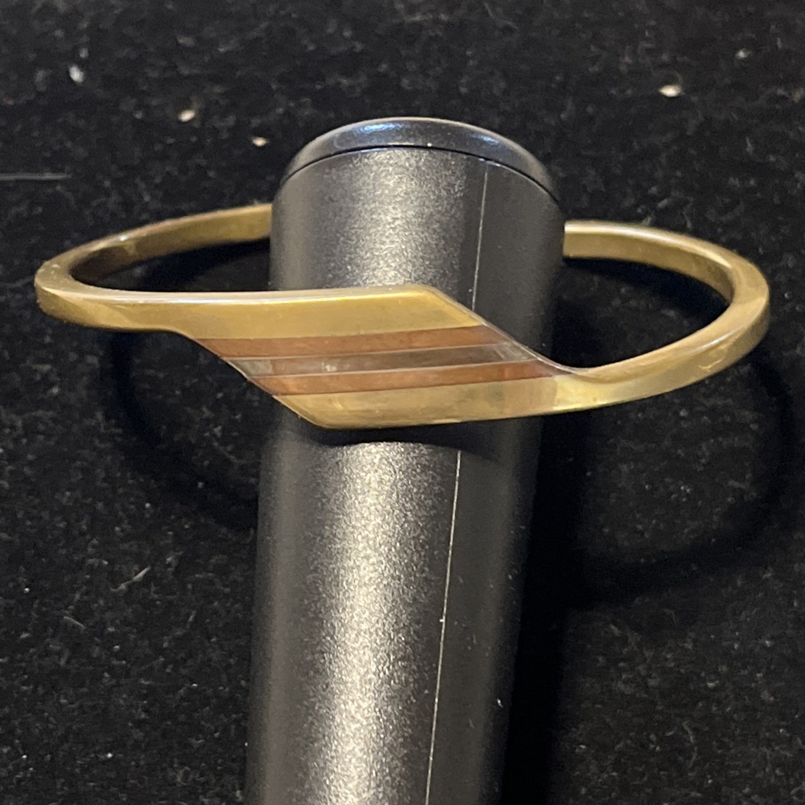 Vtg Artisan Signed Inlaid Sterling Silver, Copper, Brass Cuff Bracelet 5.5”