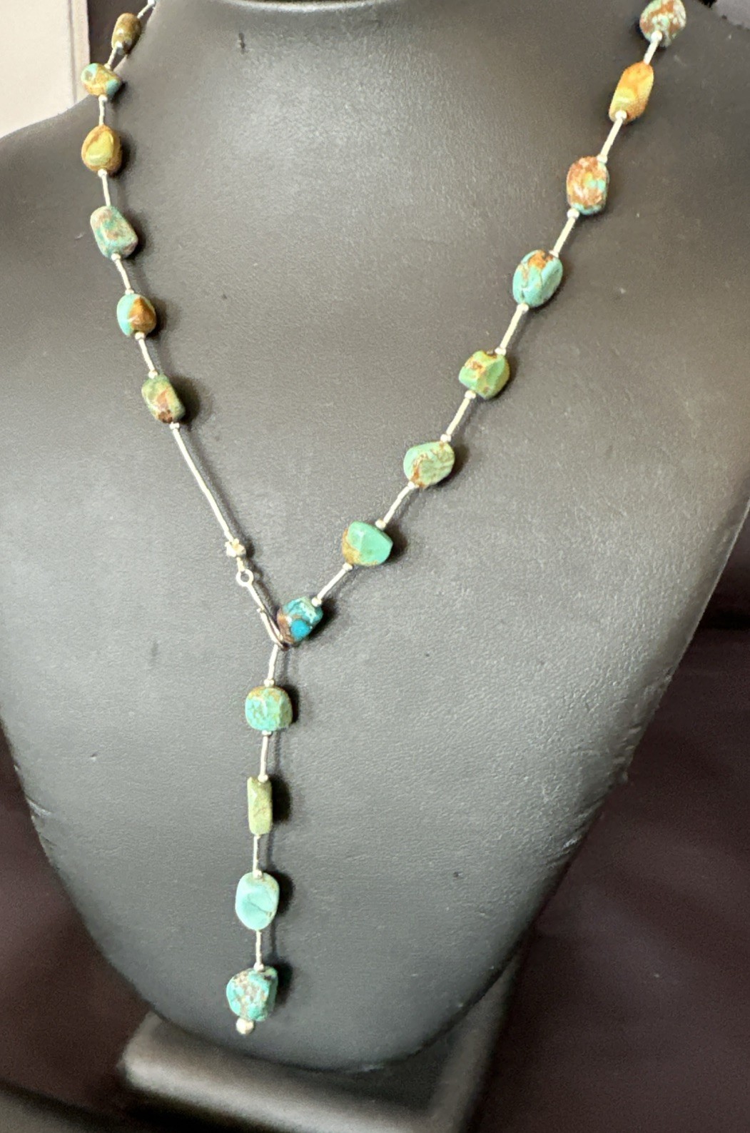 Green Turquoise Liquid Heishi Sterling Silver Nugget 20″ Necklace 19046