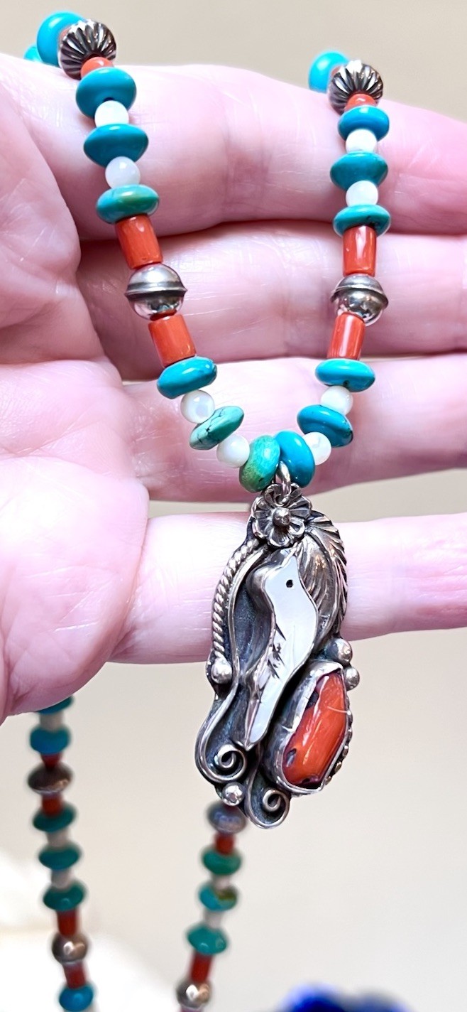 LOVELY Native, Navajo Signed Sterling Silver Turquoise, Coral, Etc Bird Necklace