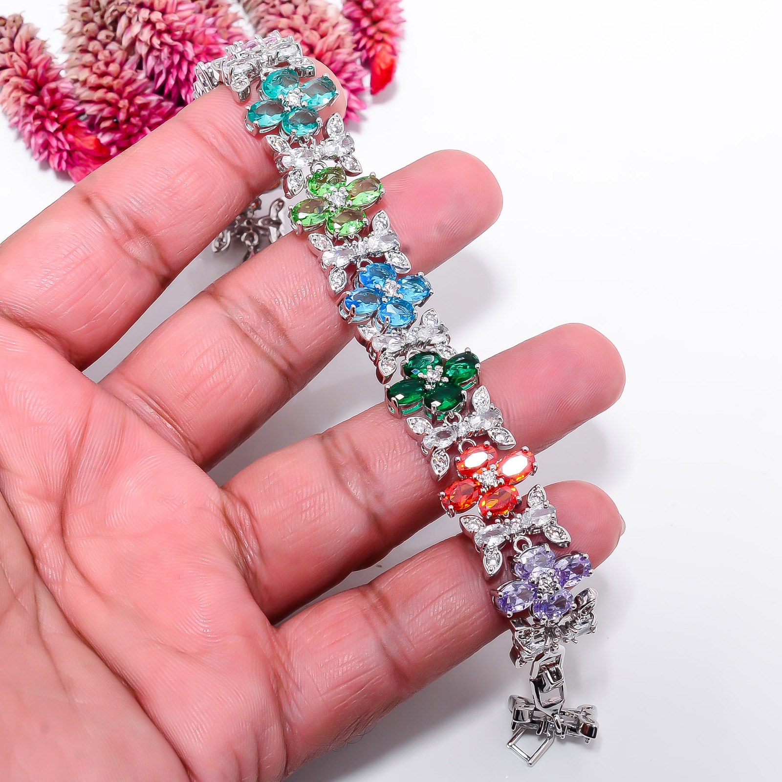 Multi Sapphire -Simulated, CZ 925 Sterling Silver Adjustable Bracelet 7-8″ B938
