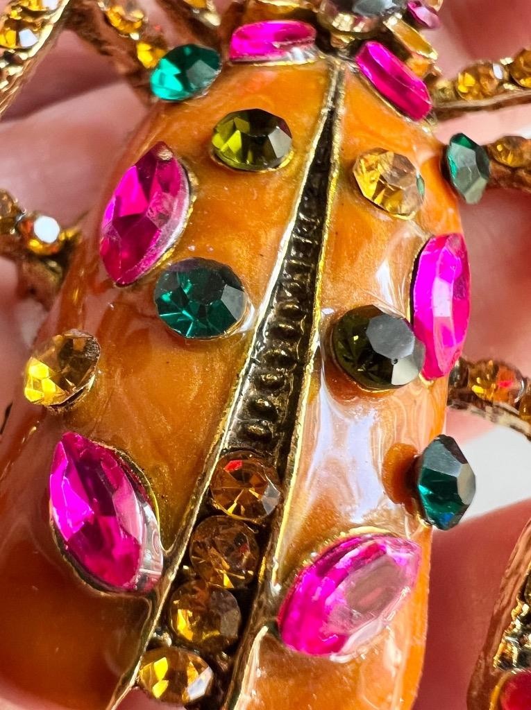 Scarab Beetle Pin LARGE Orange Enamel Rhinestone Victorian Egyptian Rev Vtg
