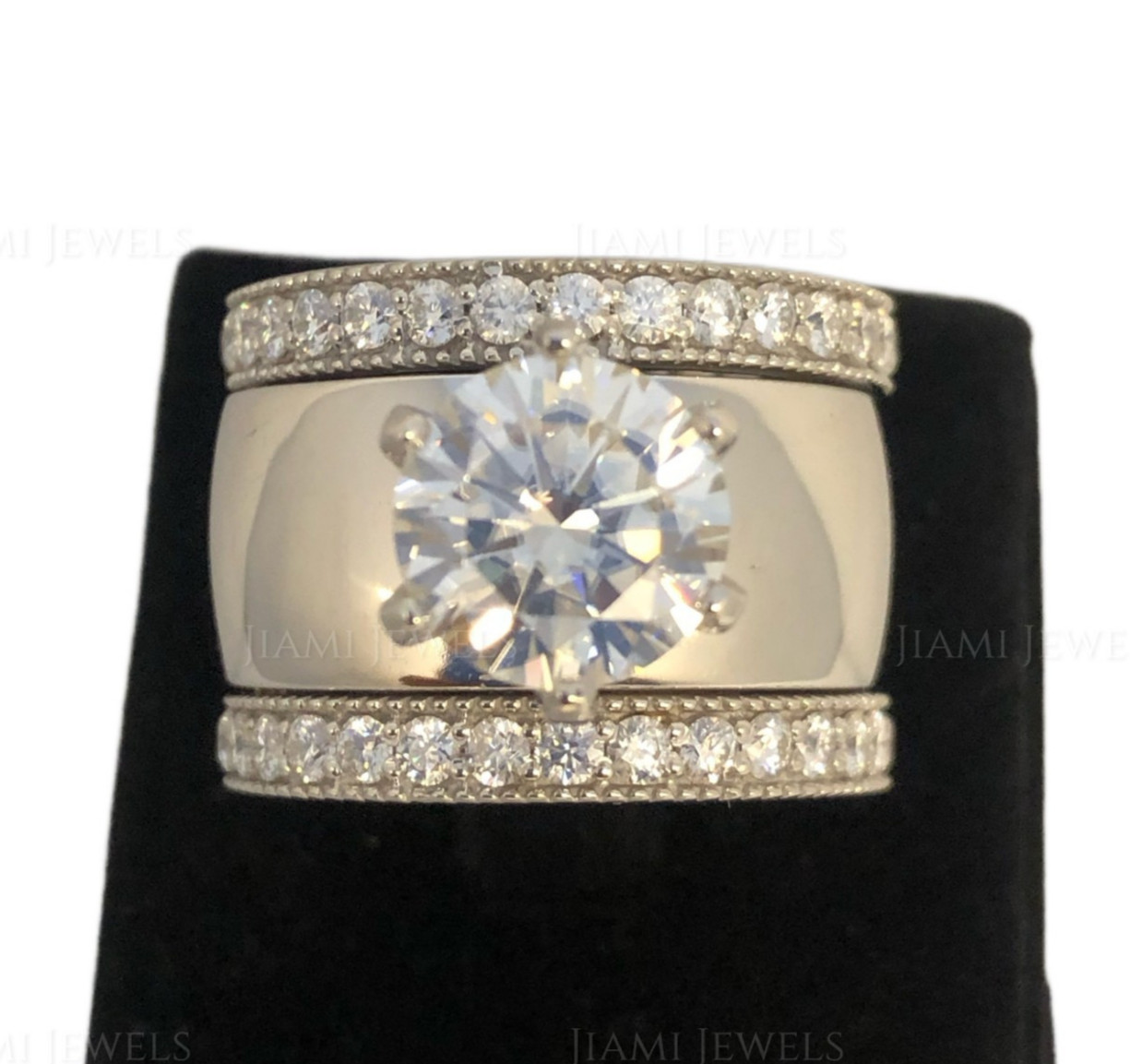 5Ct GRA Moissanite Bridal Trio Ring Set Wide Band 925 Silver White Gold Finish