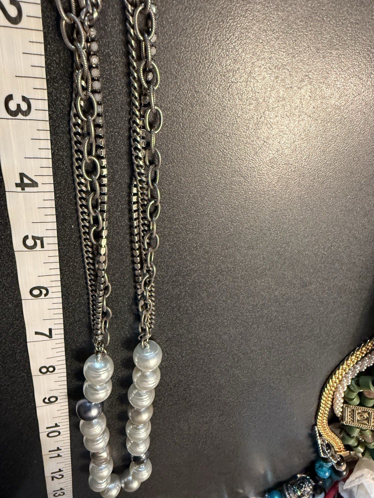 Doncaster Faux Pearl Multi Strand Chain Statement Necklace Silver Tone ~24-27″