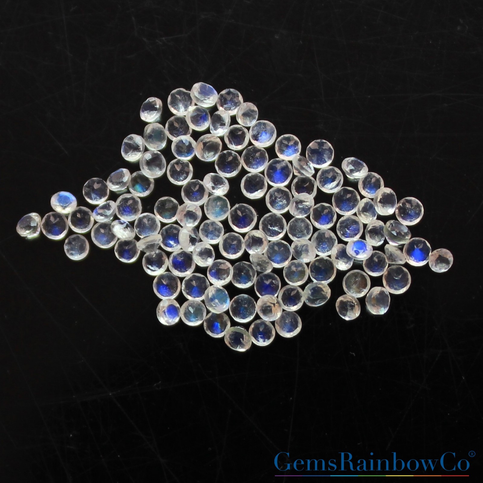 Natural Rainbow Moonstone Round Cut 1.5mm & 2mm Sparkling Blue Fire Gemstones