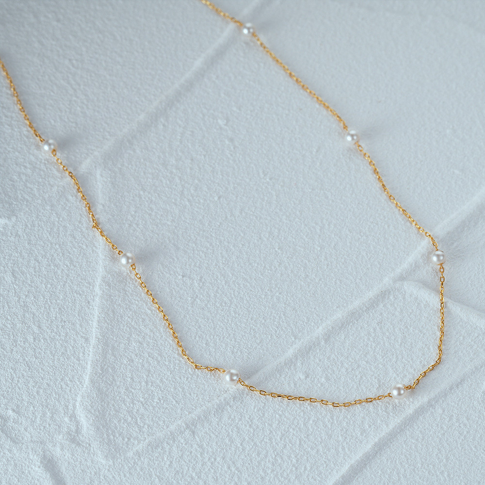 925 Sterling Silver Dainty Pearl Bead Station Chain Necklace for Women