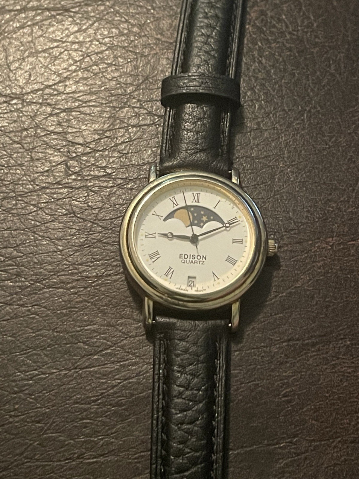 Vintage Edison Quartz Moon Phase Date Dress Watch Roman Dial Japan Movement Runs